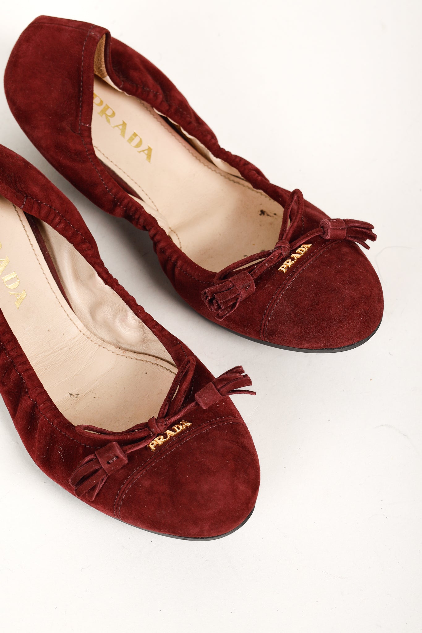 Prada Burgundy Suede Tassel-Bow Scrunch Ballet Flat