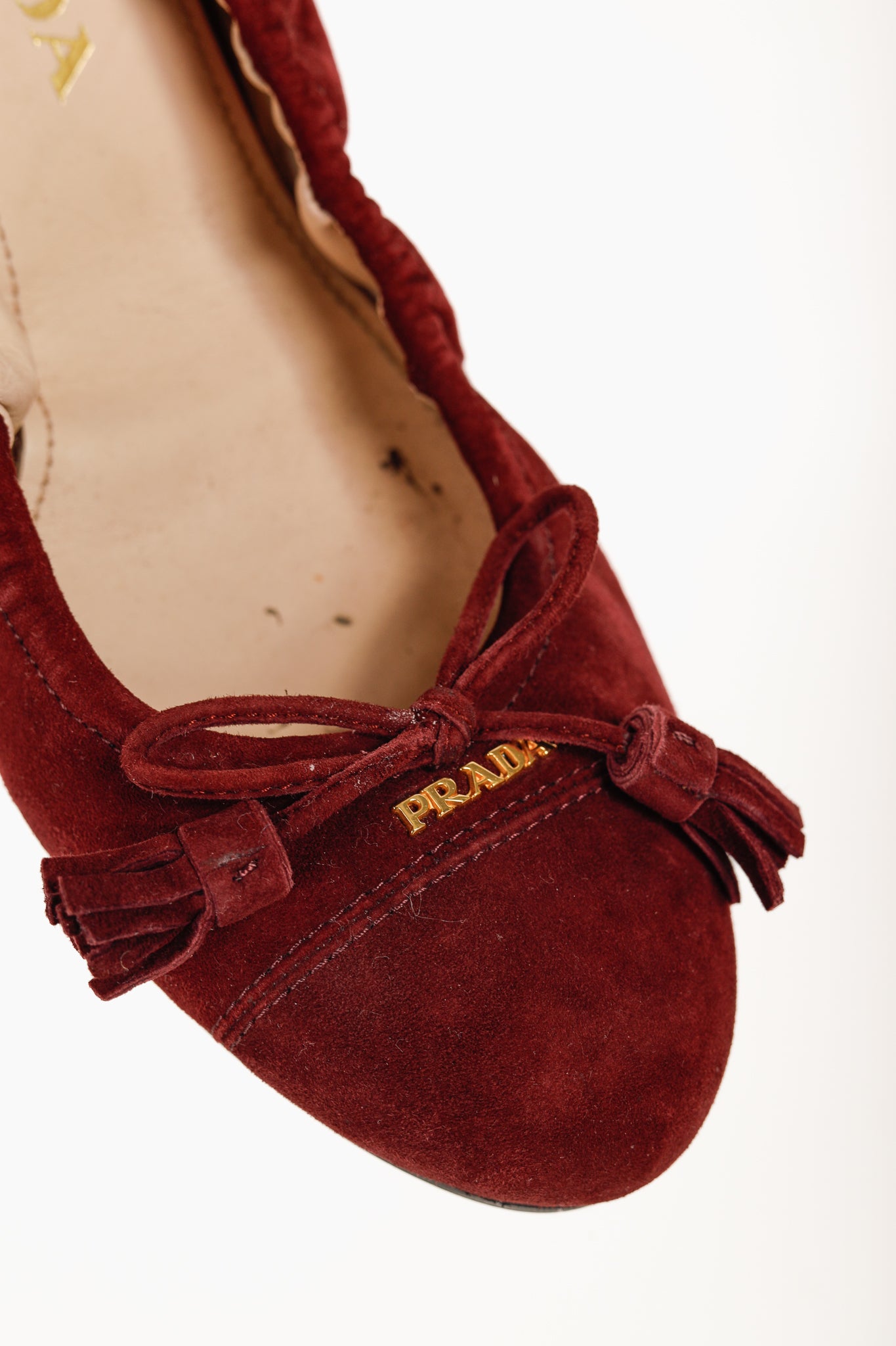 Prada Burgundy Suede Tassel-Bow Scrunch Ballet Flat