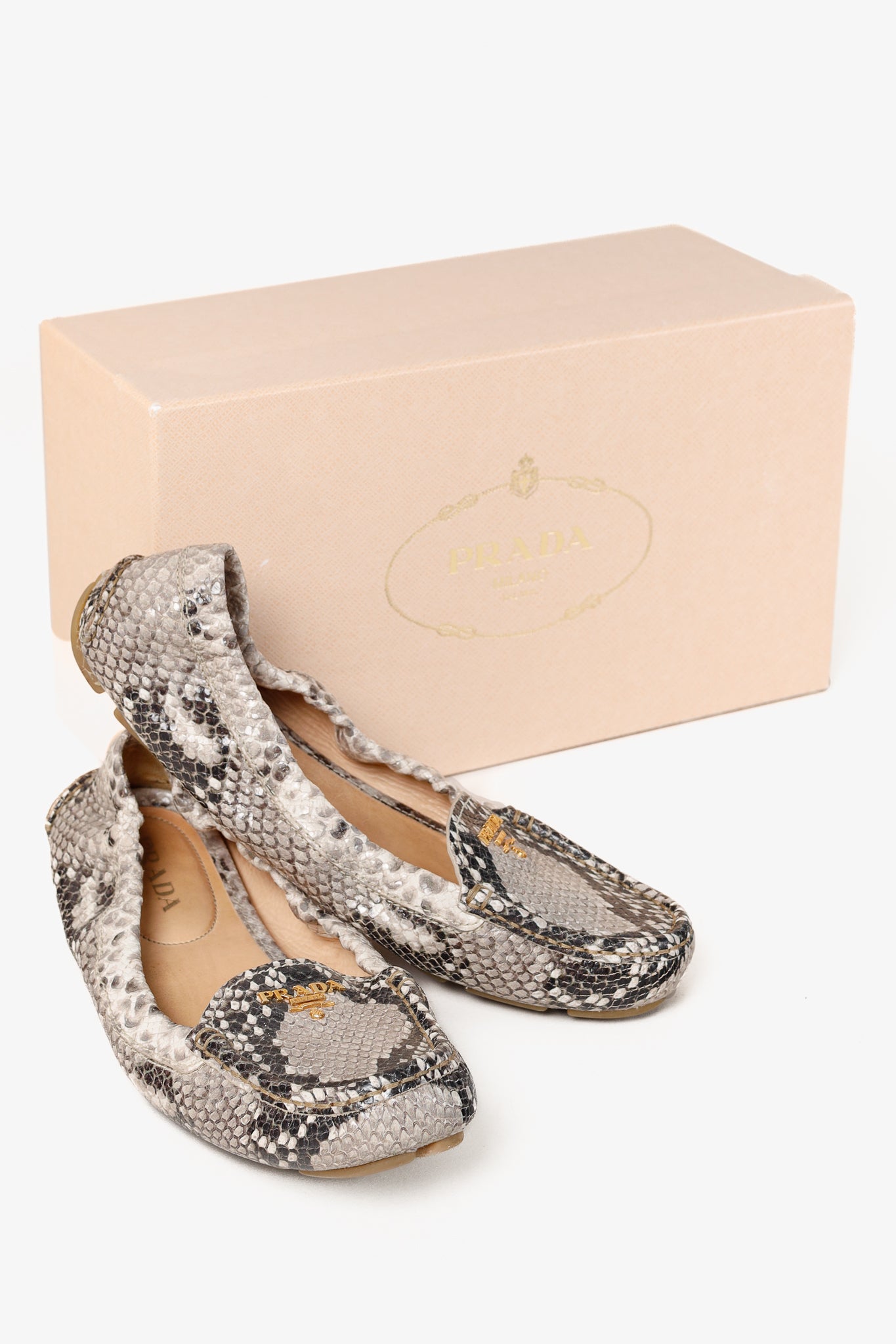 Prada Taupe Grey Reptile Embossed Driving-Style Leather Loafer