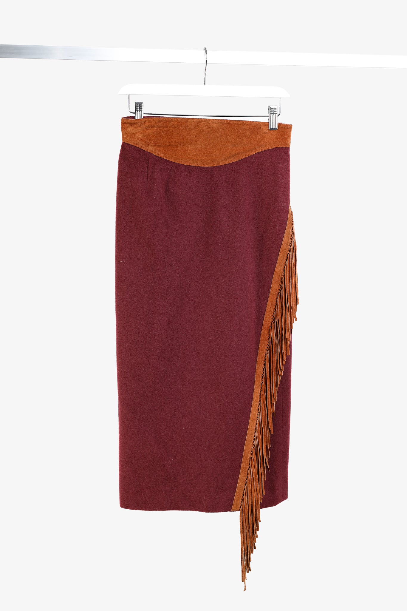 Ritz Saddler Burgundy Wool & Cashmere Suede-Fringe Midi Skirt