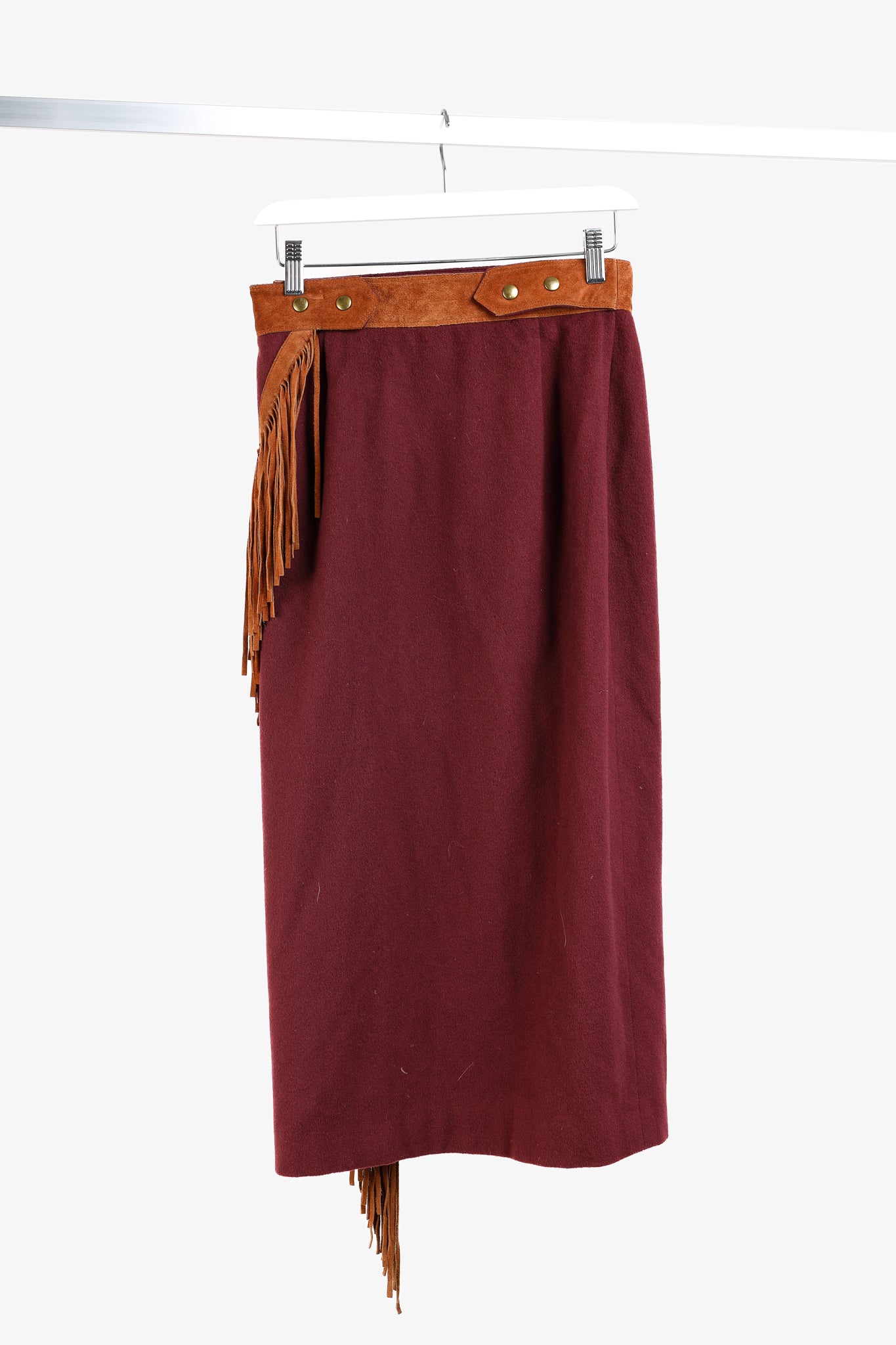 Ritz Saddler Burgundy Wool & Cashmere Suede-Fringe Midi Skirt