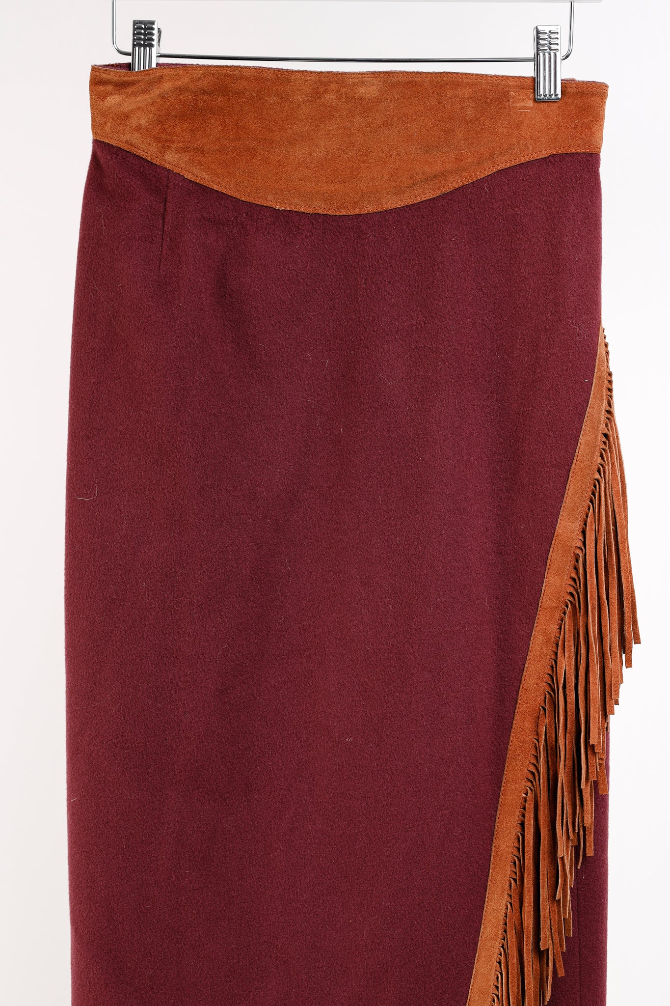 Ritz Saddler Burgundy Wool & Cashmere Suede-Fringe Midi Skirt