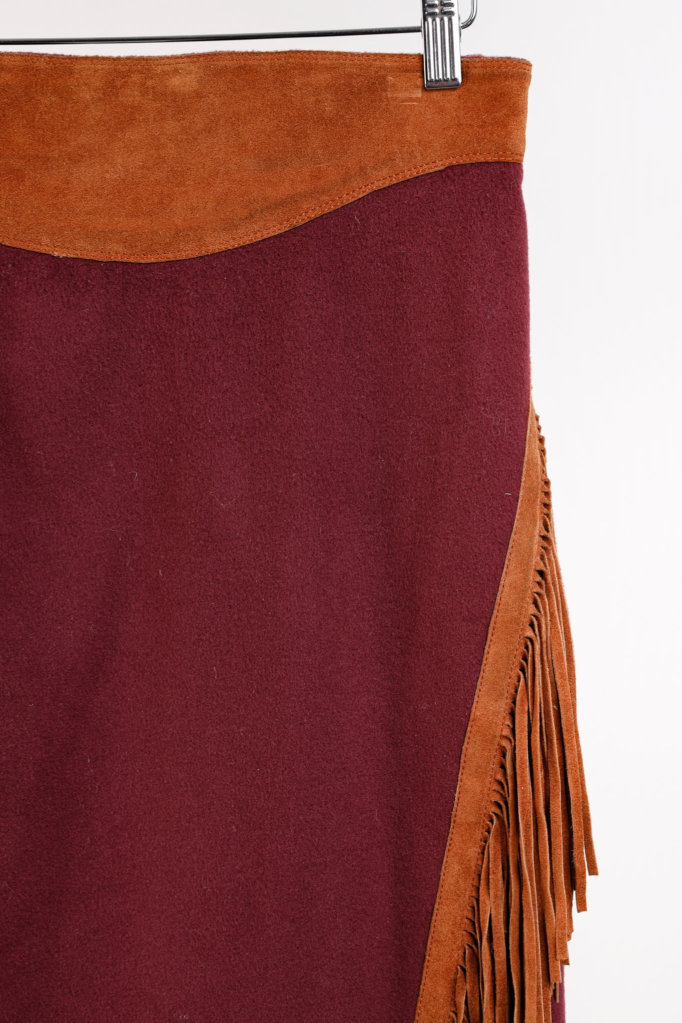 Ritz Saddler Burgundy Wool & Cashmere Suede-Fringe Midi Skirt