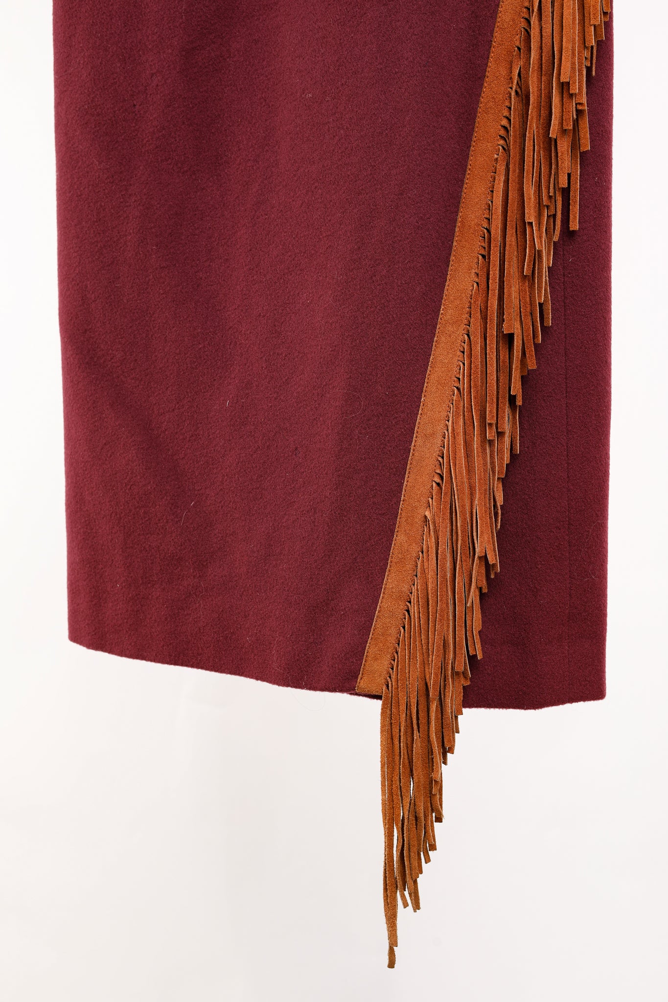 Ritz Saddler Burgundy Wool & Cashmere Suede-Fringe Midi Skirt