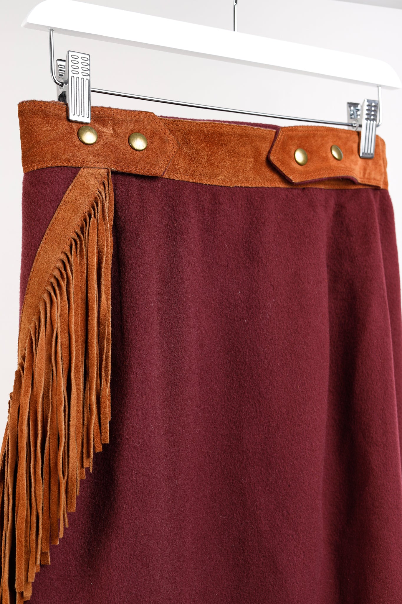 Ritz Saddler Burgundy Wool & Cashmere Suede-Fringe Midi Skirt