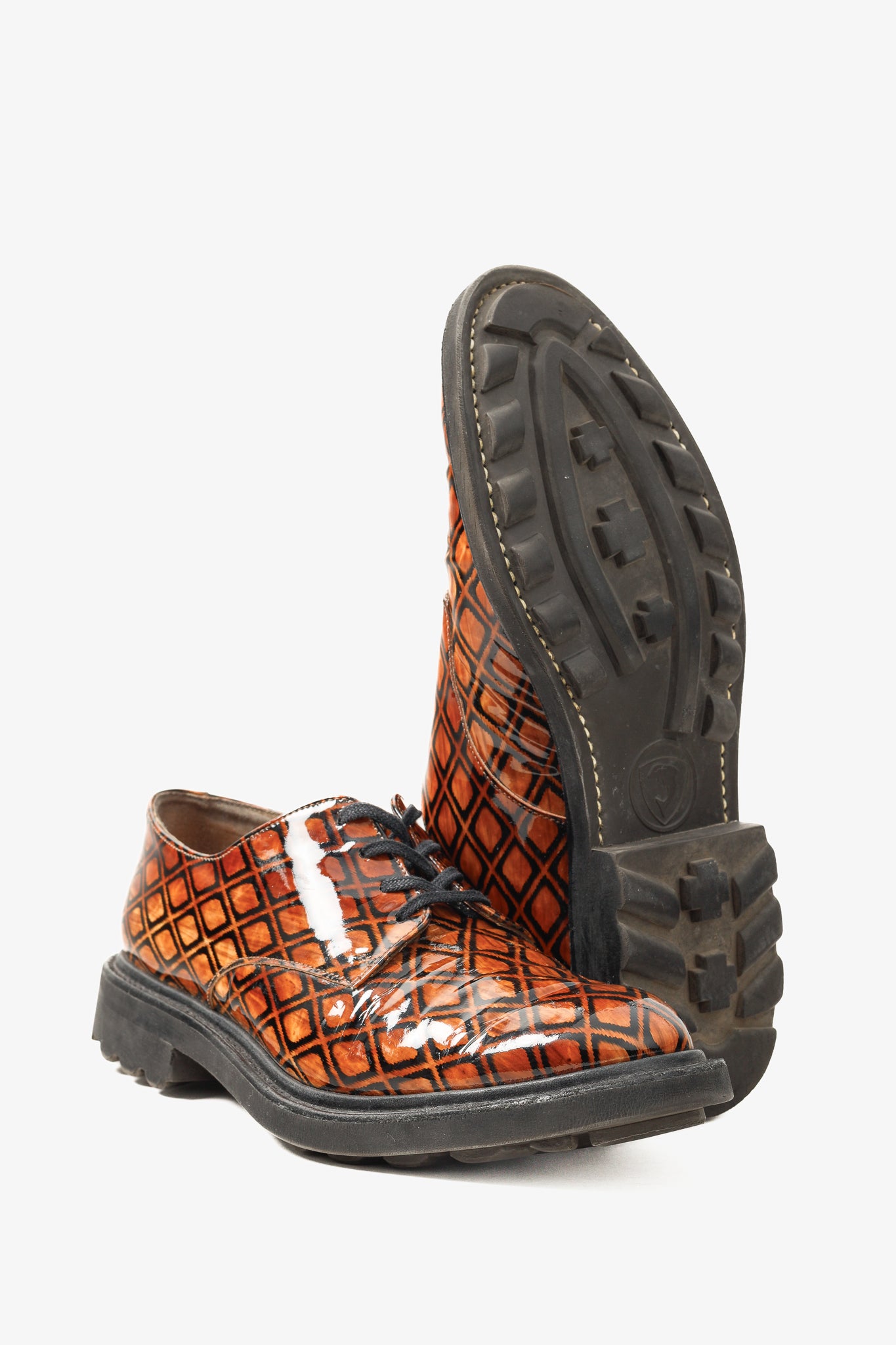 Robert Clergerie Brown Geometric-Pattern Lug Sole Patent Leather Derby Shoes
