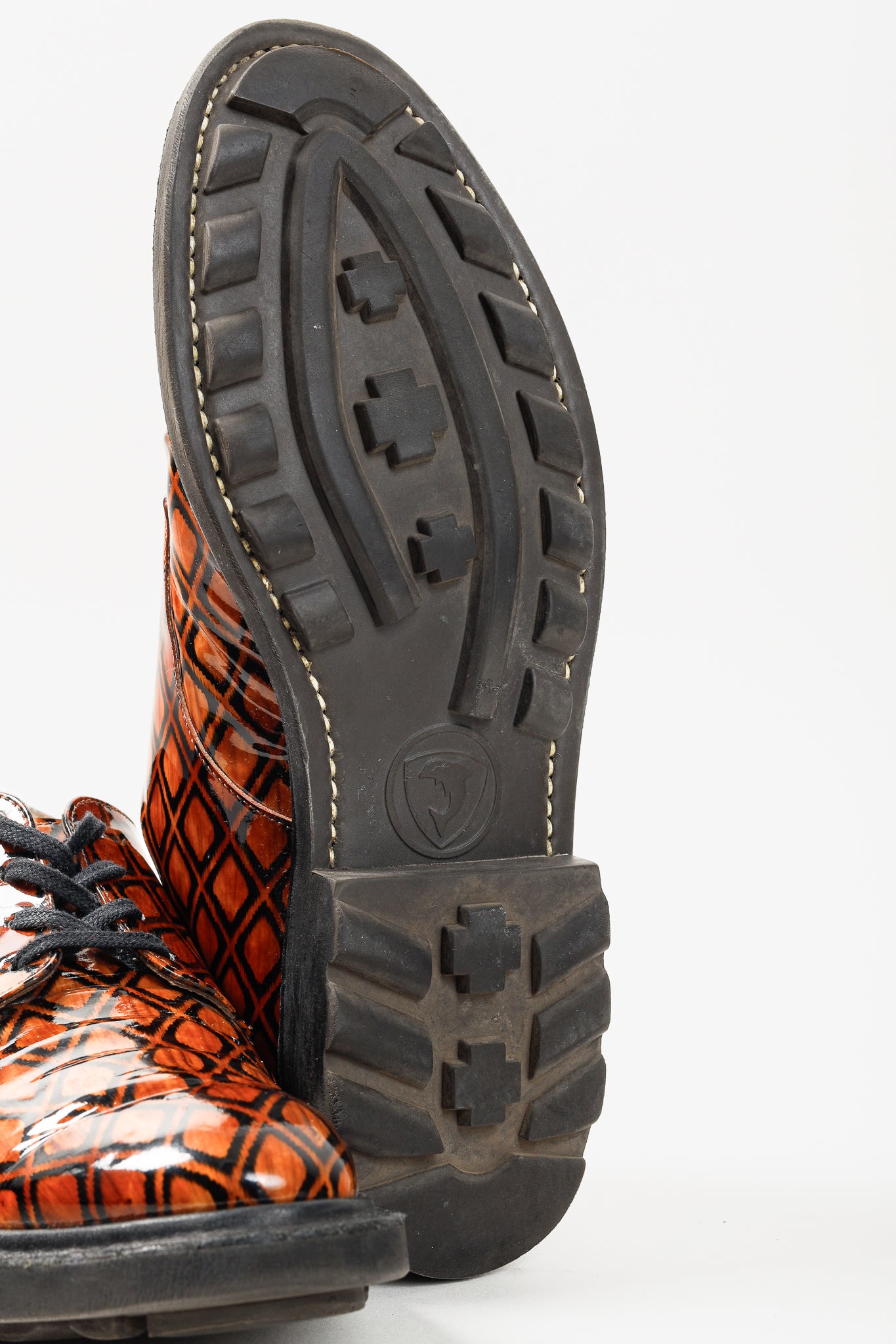 Robert Clergerie Brown Geometric-Pattern Lug Sole Patent Leather Derby Shoes
