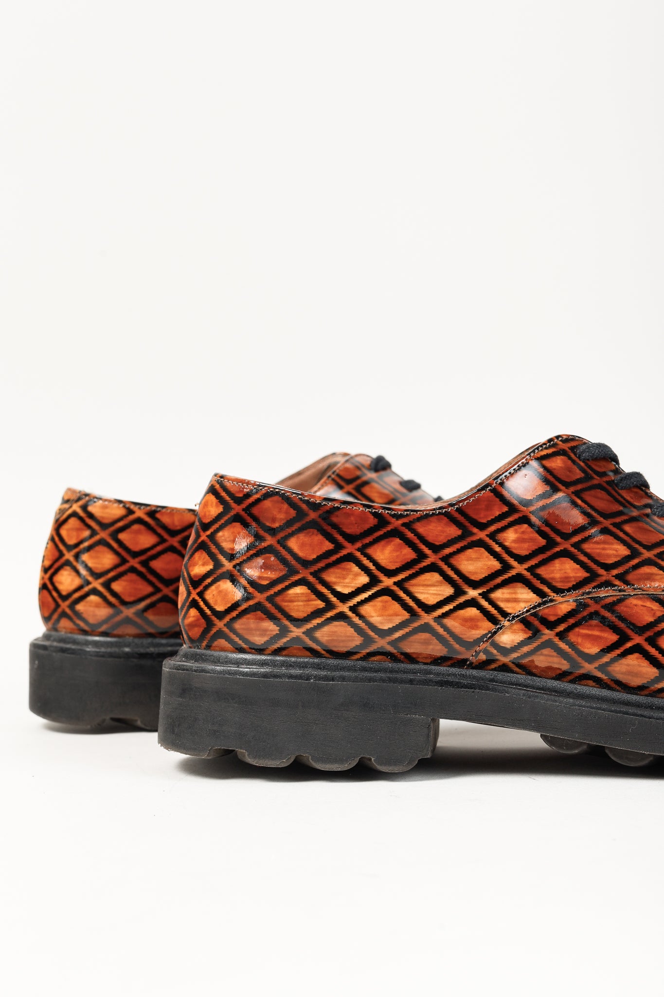Robert Clergerie Brown Geometric-Pattern Lug Sole Patent Leather Derby Shoes