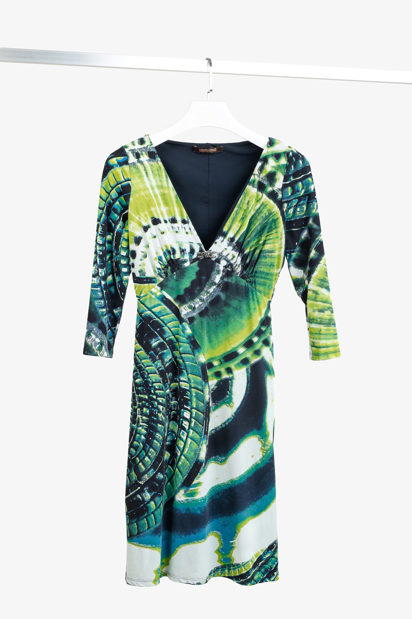 Roberto Cavalli Green Printed Jersey 3/4-Sleeve Bodycon Dress