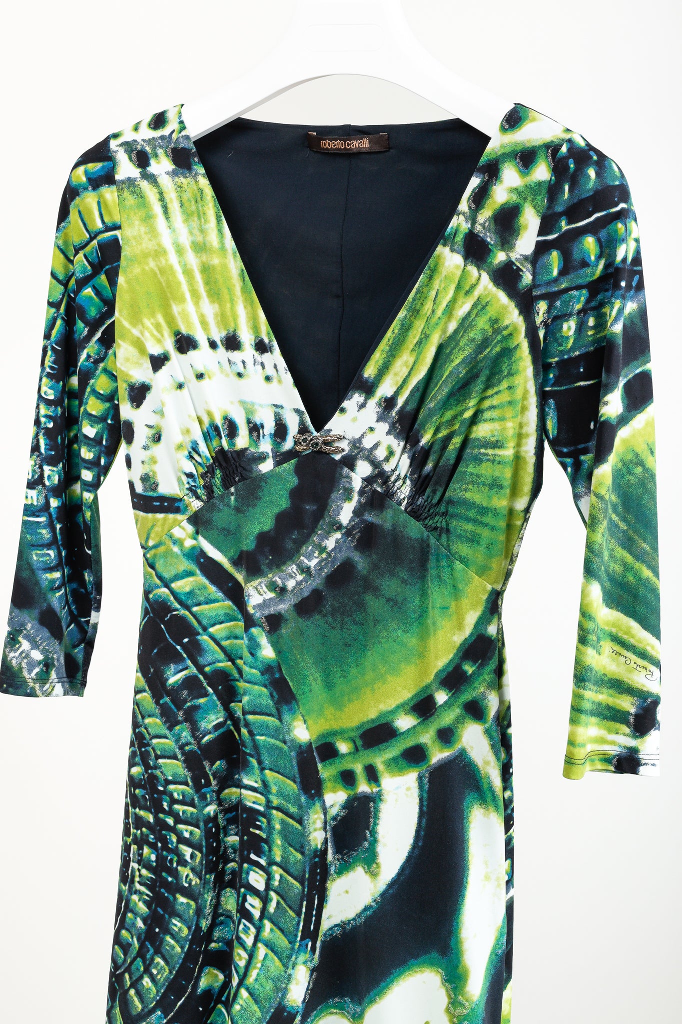 Roberto Cavalli Green Printed Jersey 3/4-Sleeve Bodycon Dress