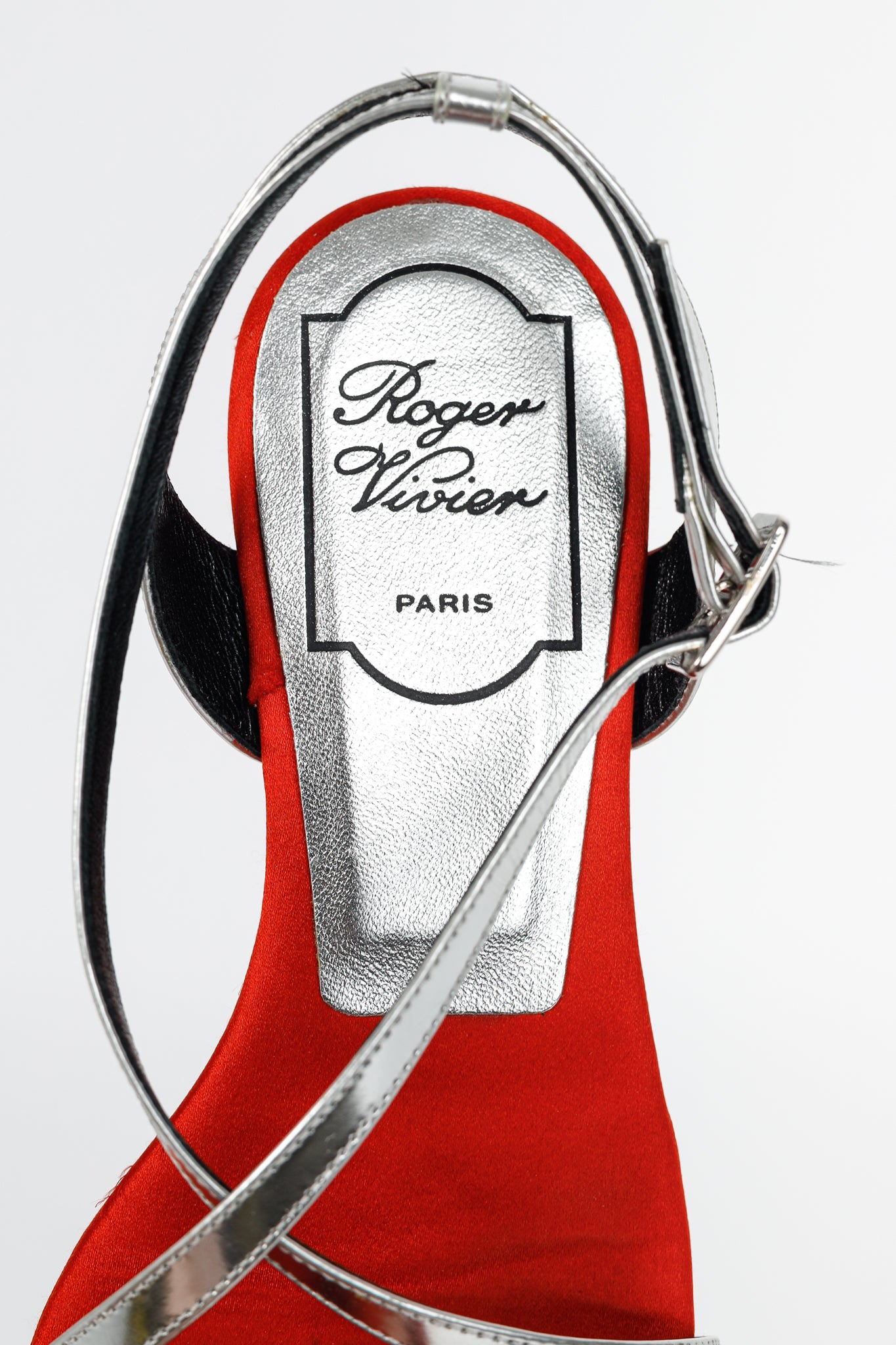 Roger Vivier SS/14 Croisée Red Satin & Silver Patent-Leather Flat Sandals