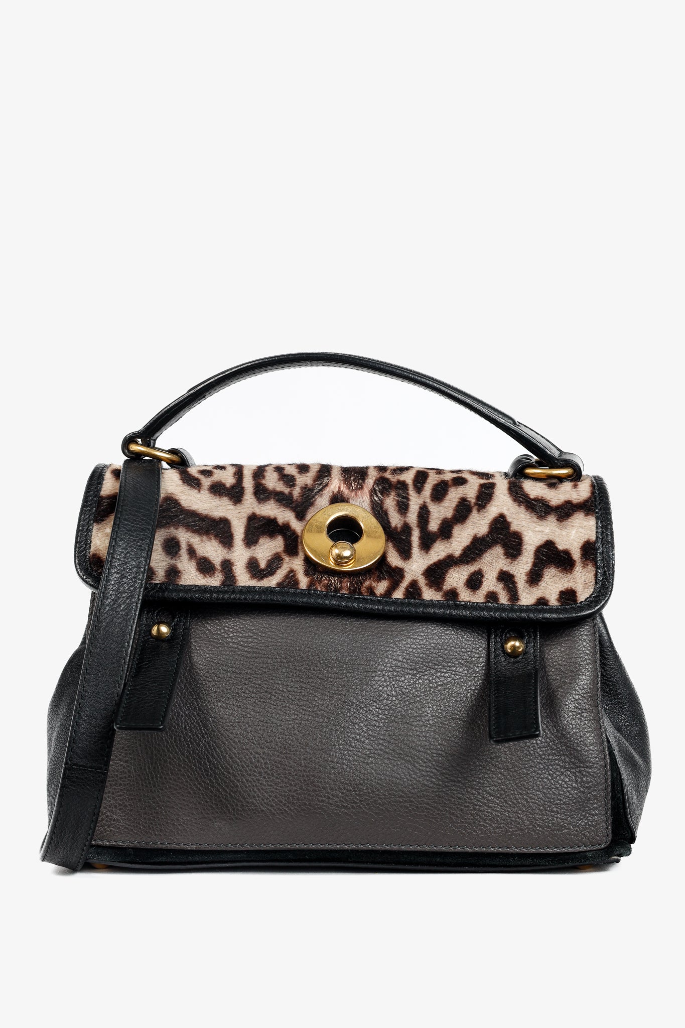 Yves Saint Laurent Small Muse Two Light Sepia Leopard Printed Cowhide & Black Leather Bag