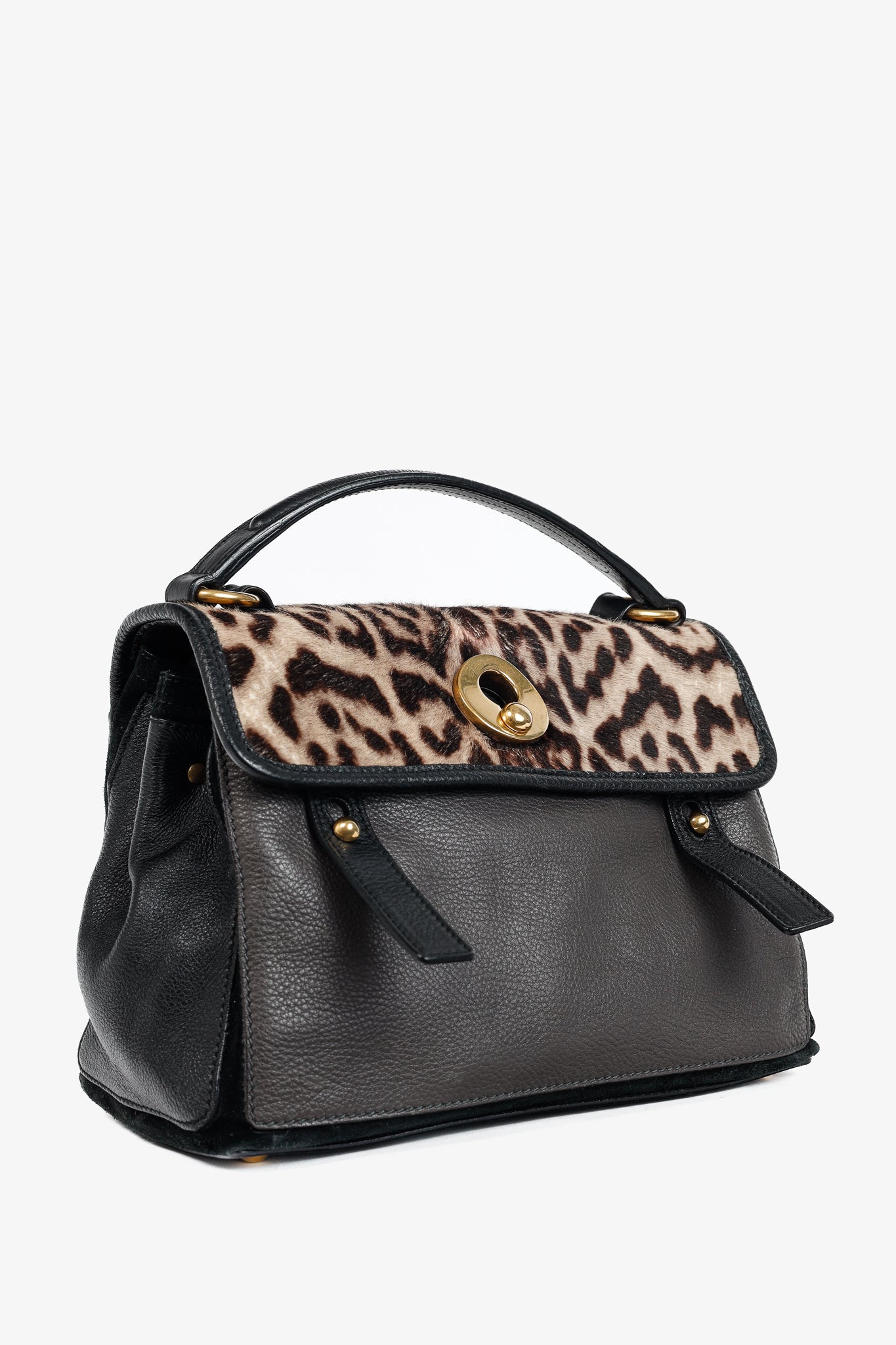 Yves Saint Laurent Small Muse Two Light Sepia Leopard Printed Cowhide & Black Leather Bag