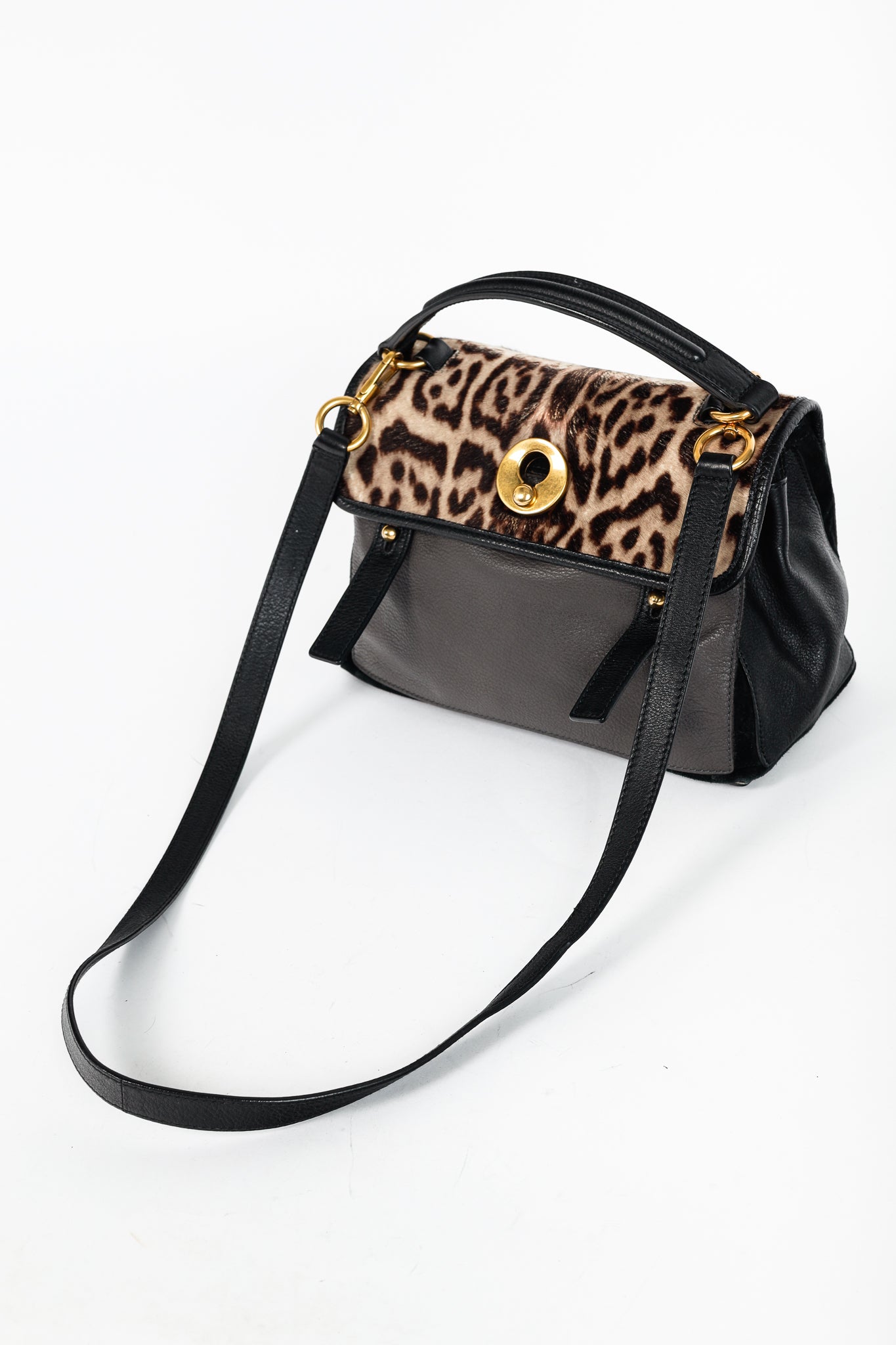 Yves Saint Laurent Small Muse Two Light Sepia Leopard Printed Cowhide & Black Leather Bag