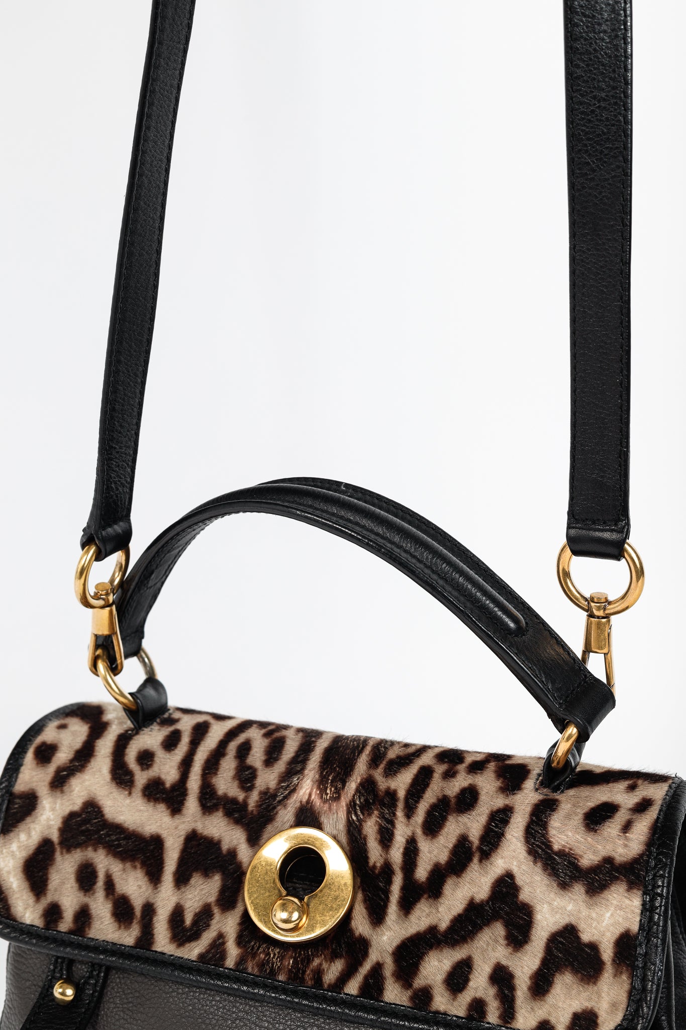 Yves Saint Laurent Small Muse Two Light Sepia Leopard Printed Cowhide & Black Leather Bag