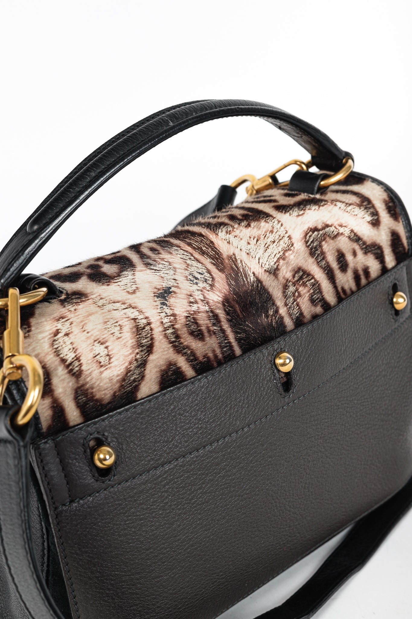 Yves Saint Laurent Small Muse Two Light Sepia Leopard Printed Cowhide & Black Leather Bag