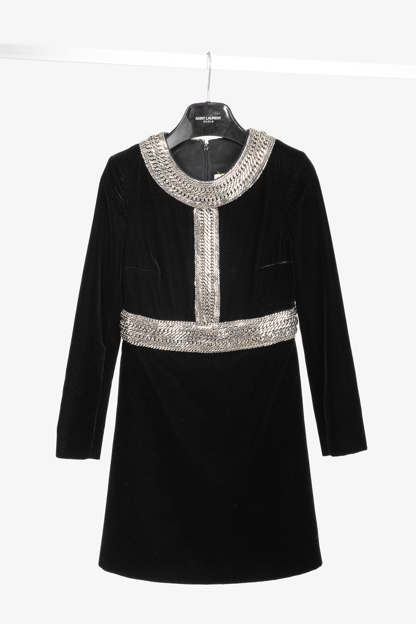 Saint Laurent AW/14 Runway Black Velvet Chain-Embellished Mini Dress
