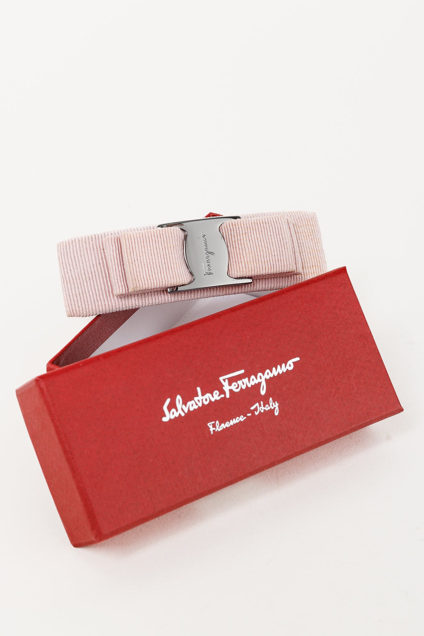 Salvatore Ferragamo Cipria-Grosgrain Silver-Tone Bow Barrette