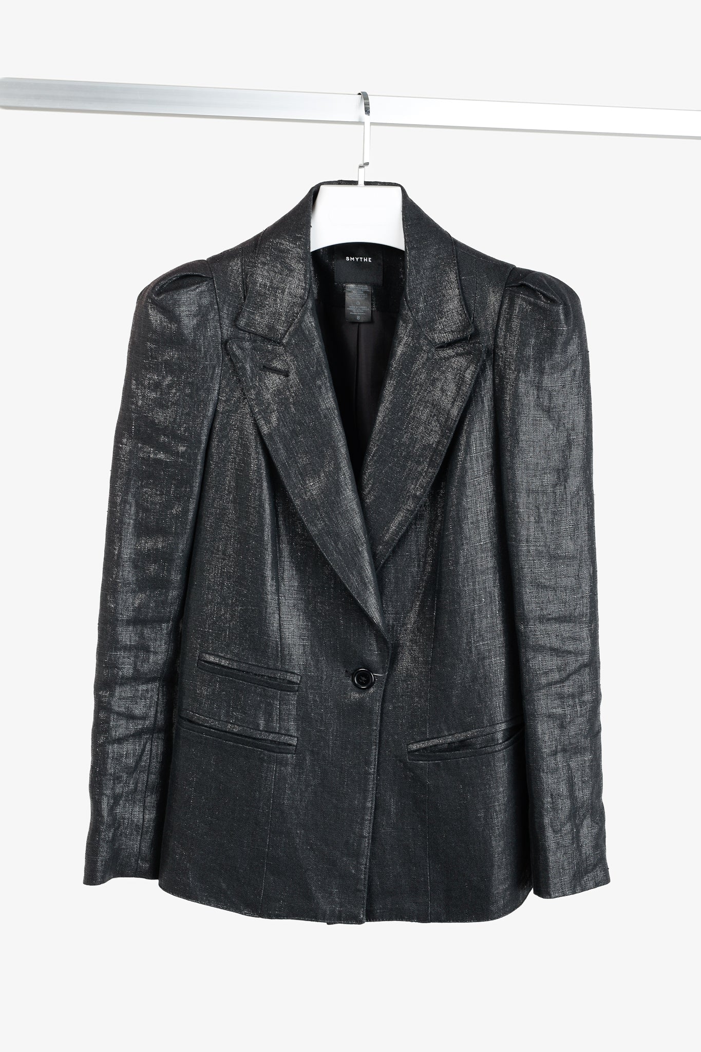 Smythe SS/18 Box Pleat Black Luster Linen Puff-Sleeve Blazer