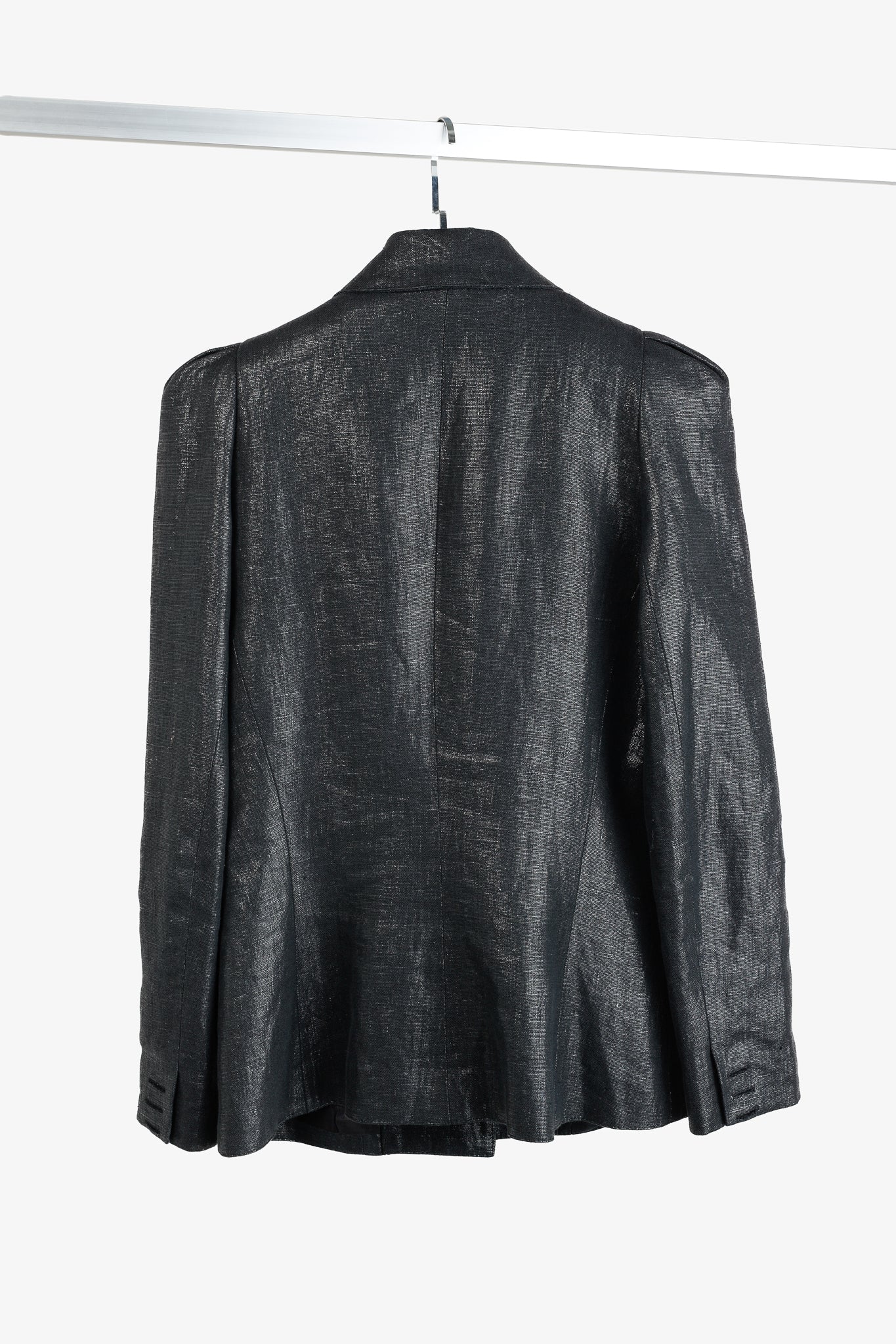 Smythe SS/18 Box Pleat Black Luster Linen Puff-Sleeve Blazer