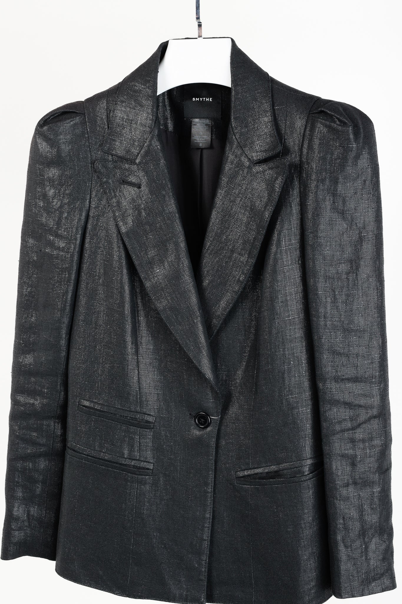 Smythe SS/18 Box Pleat Black Luster Linen Puff-Sleeve Blazer