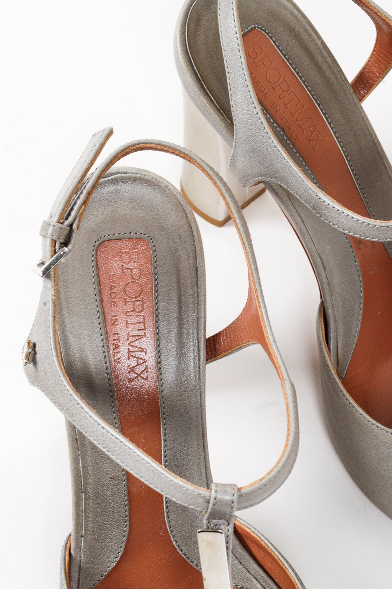 Sportmax Grey T-Strap Block-Heeled Sandals