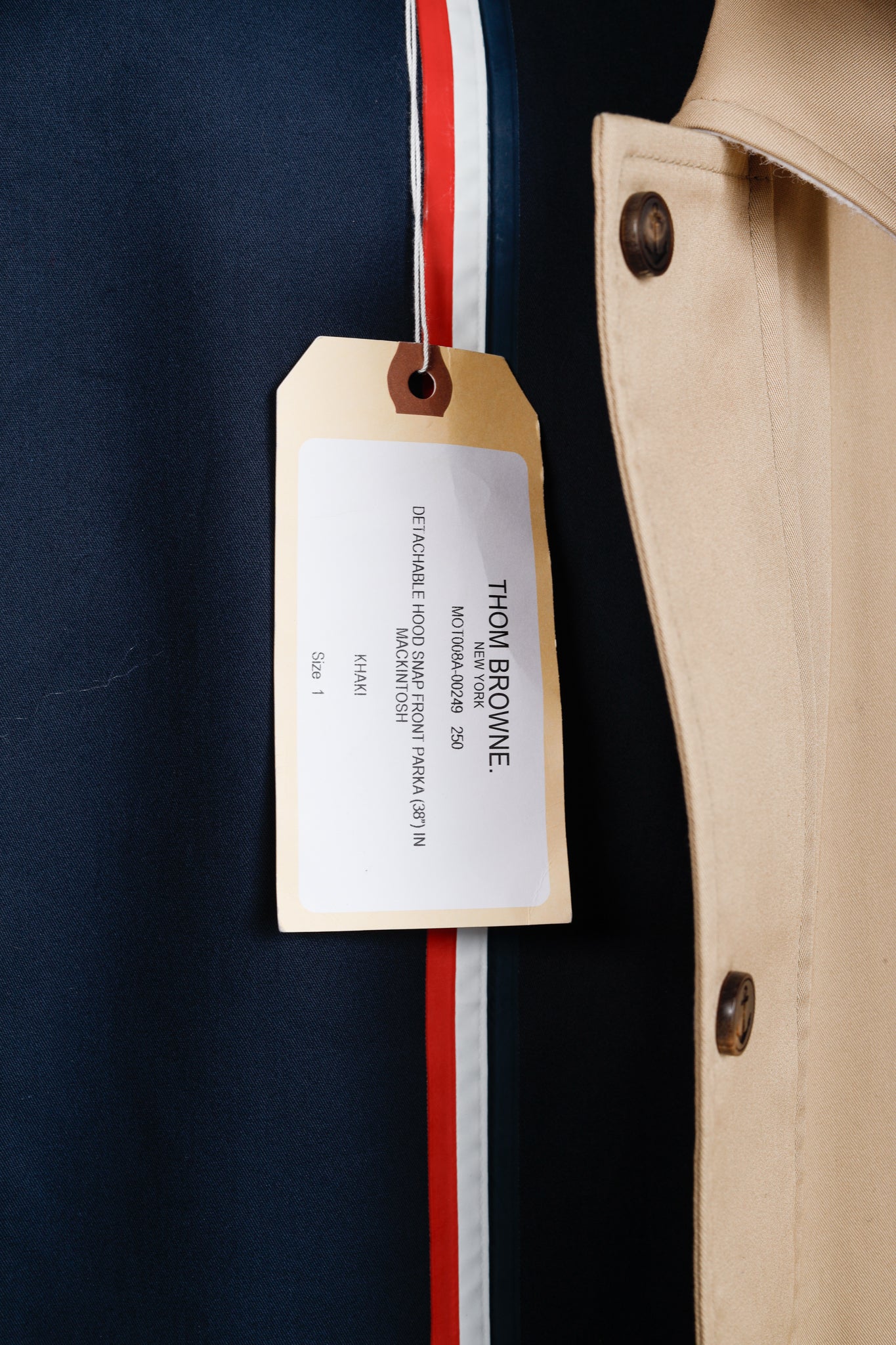 Thom Browne SS/18 Khaki Detachable Hood Snap Front Parka in Mackintosh