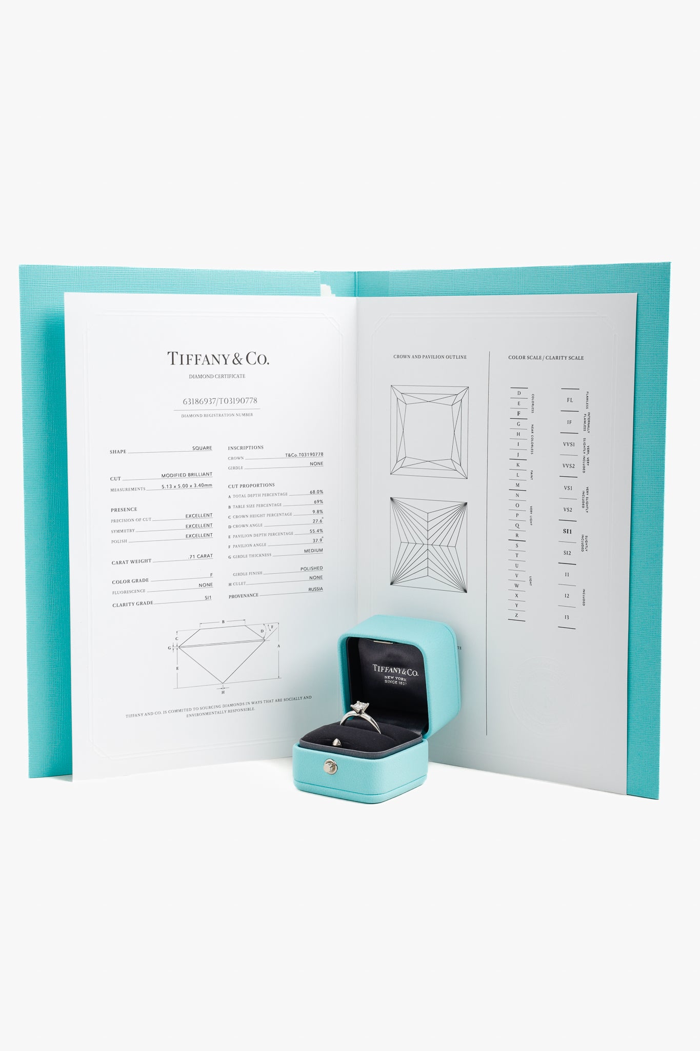 Tiffany & Co. Princess Cut Platinum & .71 Carat Diamond Solitaire Ring