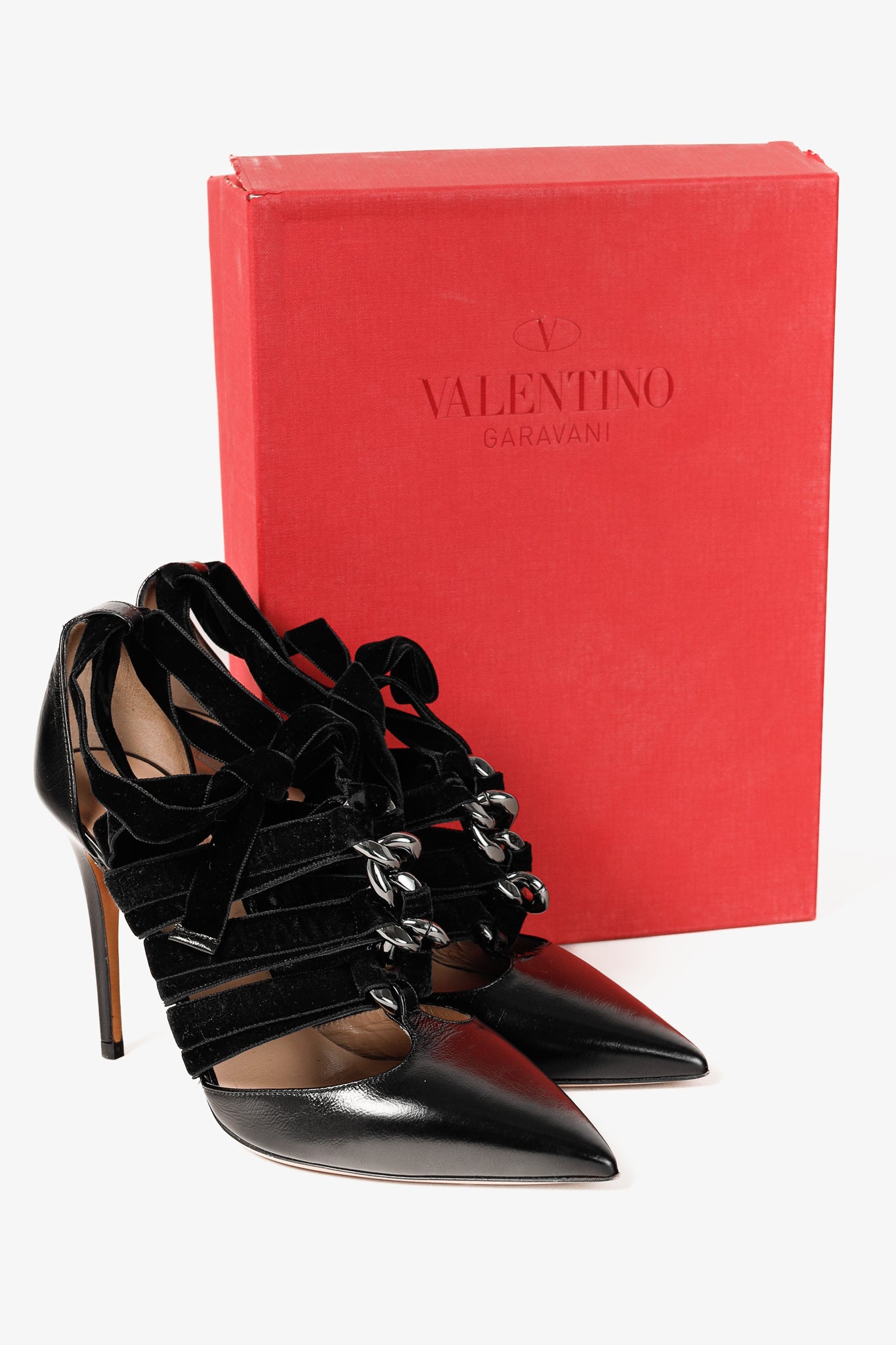 Valentino Garavani Velvet Straps Chain Ankle Strap Black Leather Pumps
