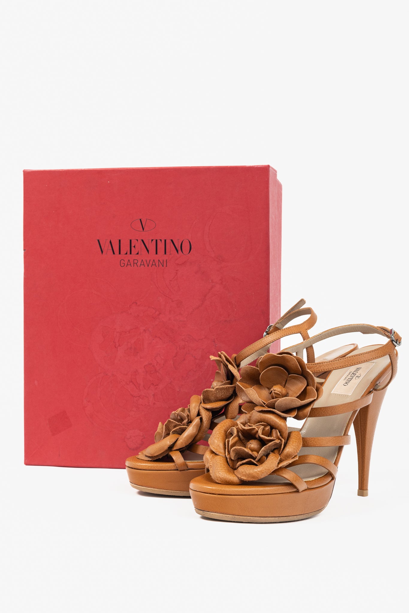 Valentino Garavani Brown Leather Rosette Platform Sandals