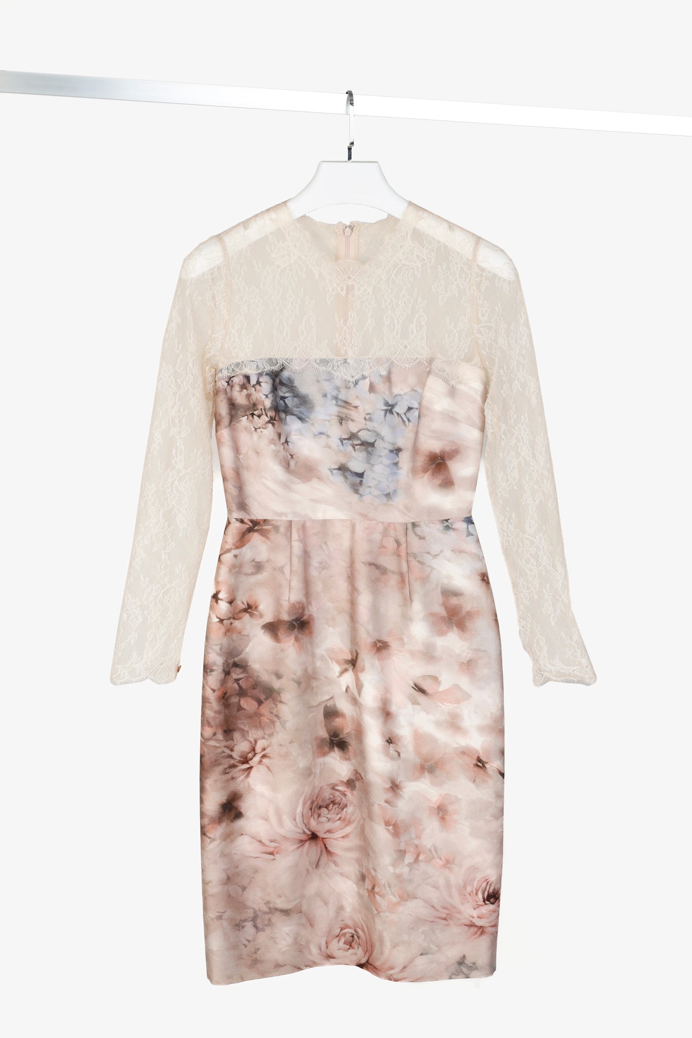Valentino PF/13 Fluid Garden Floral Print Silk Mikado Lace-Sleeved Dress