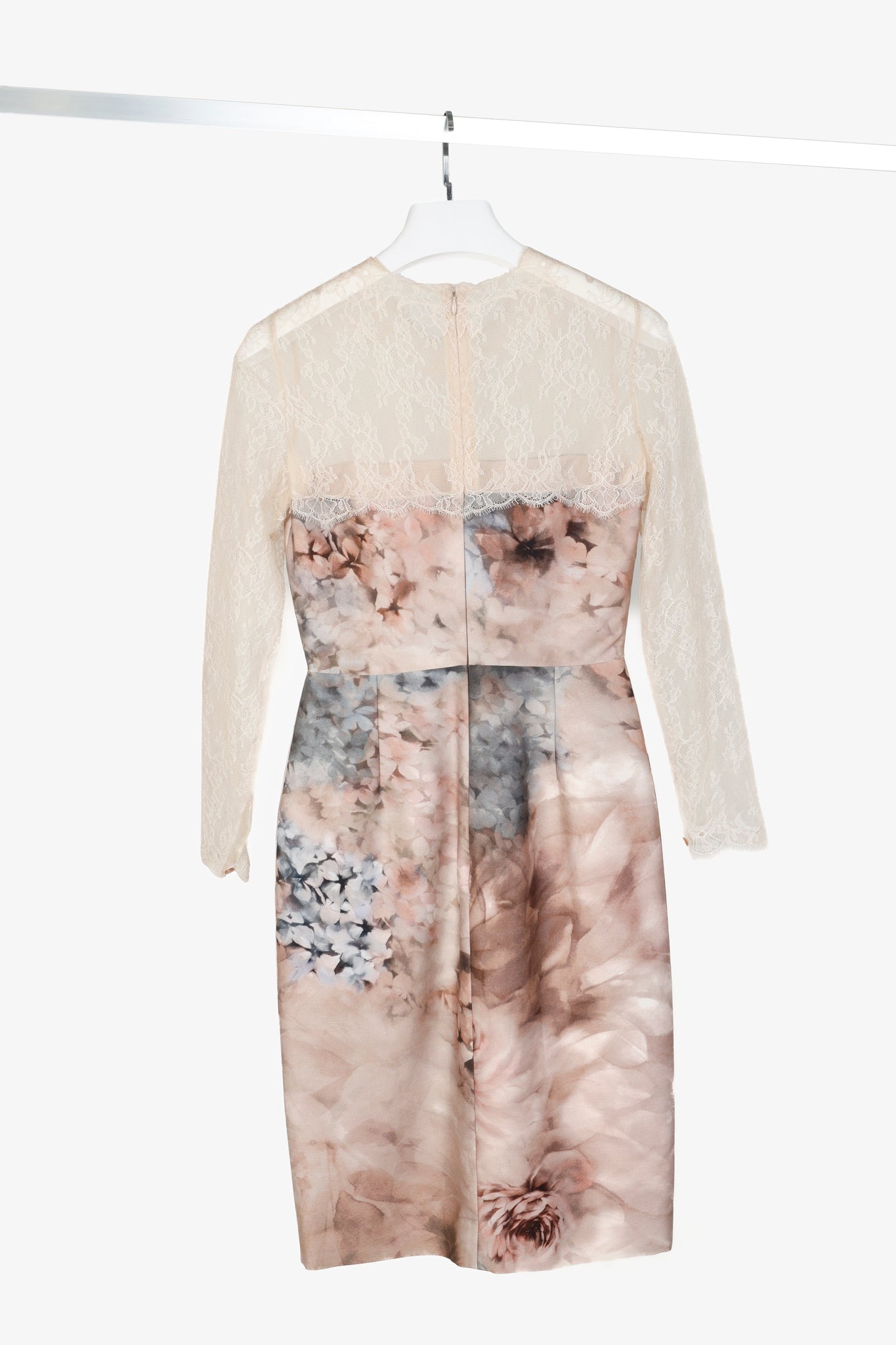 Valentino PF/13 Fluid Garden Floral Print Silk Mikado Lace-Sleeved Dress