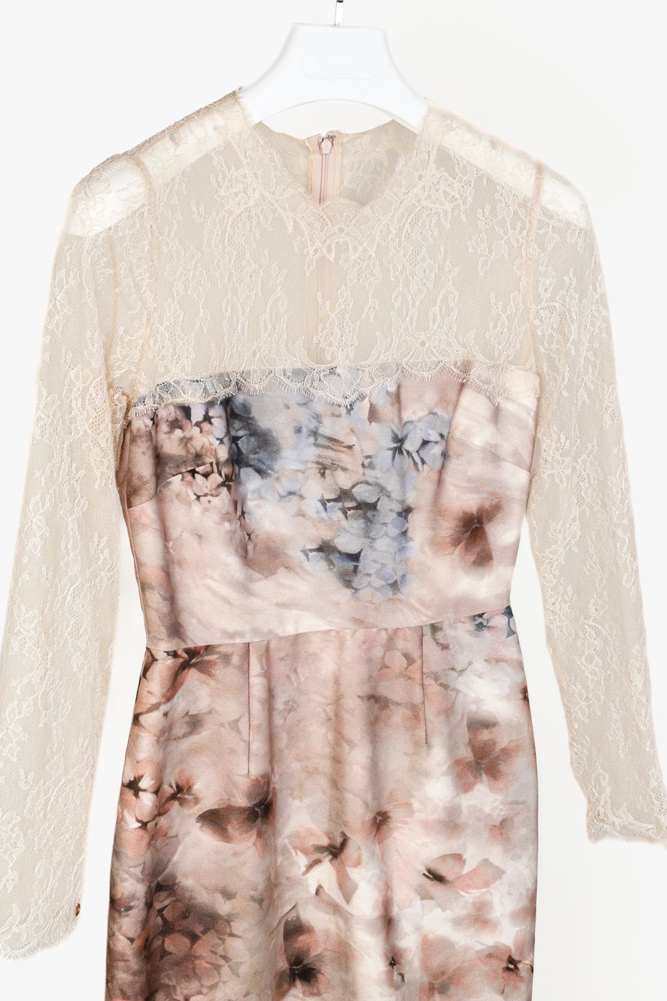 Valentino PF/13 Fluid Garden Floral Print Silk Mikado Lace-Sleeved Dress