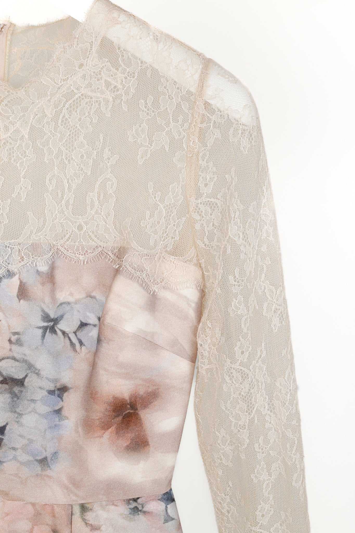 Valentino PF/13 Fluid Garden Floral Print Silk Mikado Lace-Sleeved Dress