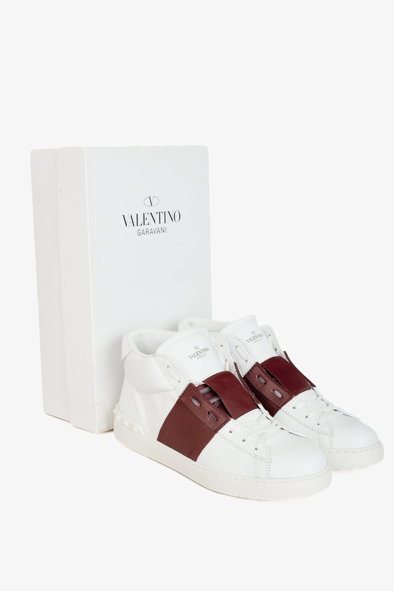 Valentino Garavani Men's Open White & Burgundy-Stripe Leather High-Top Sneakers