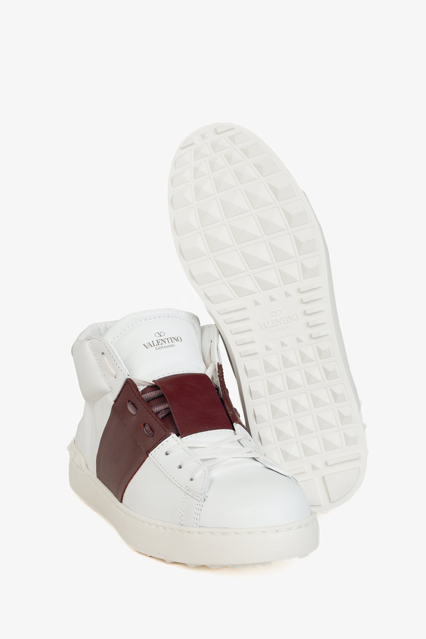 Valentino Garavani Men's Open White & Burgundy-Stripe Leather High-Top Sneakers
