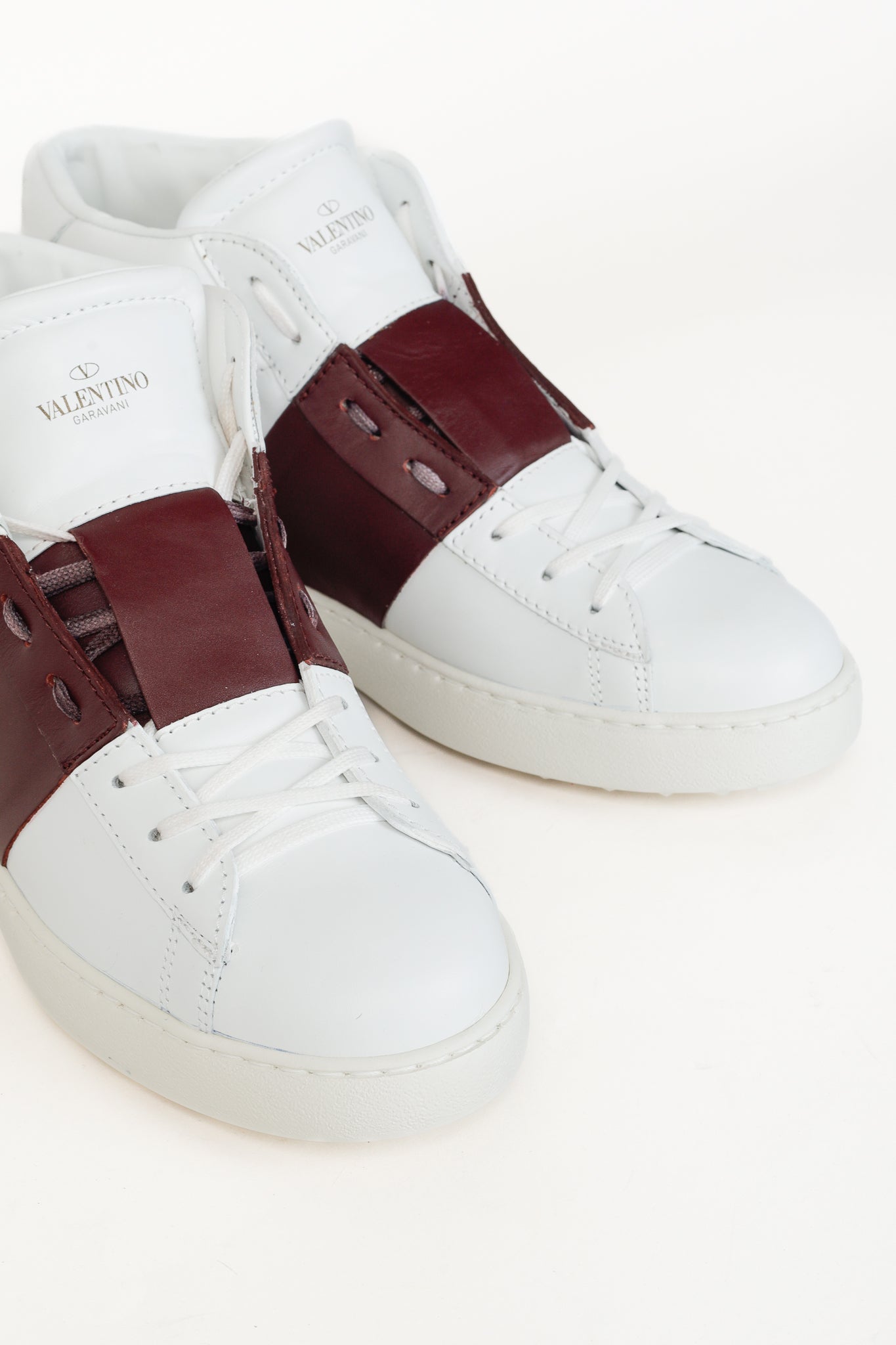 Valentino Garavani Men's Open White & Burgundy-Stripe Leather High-Top Sneakers
