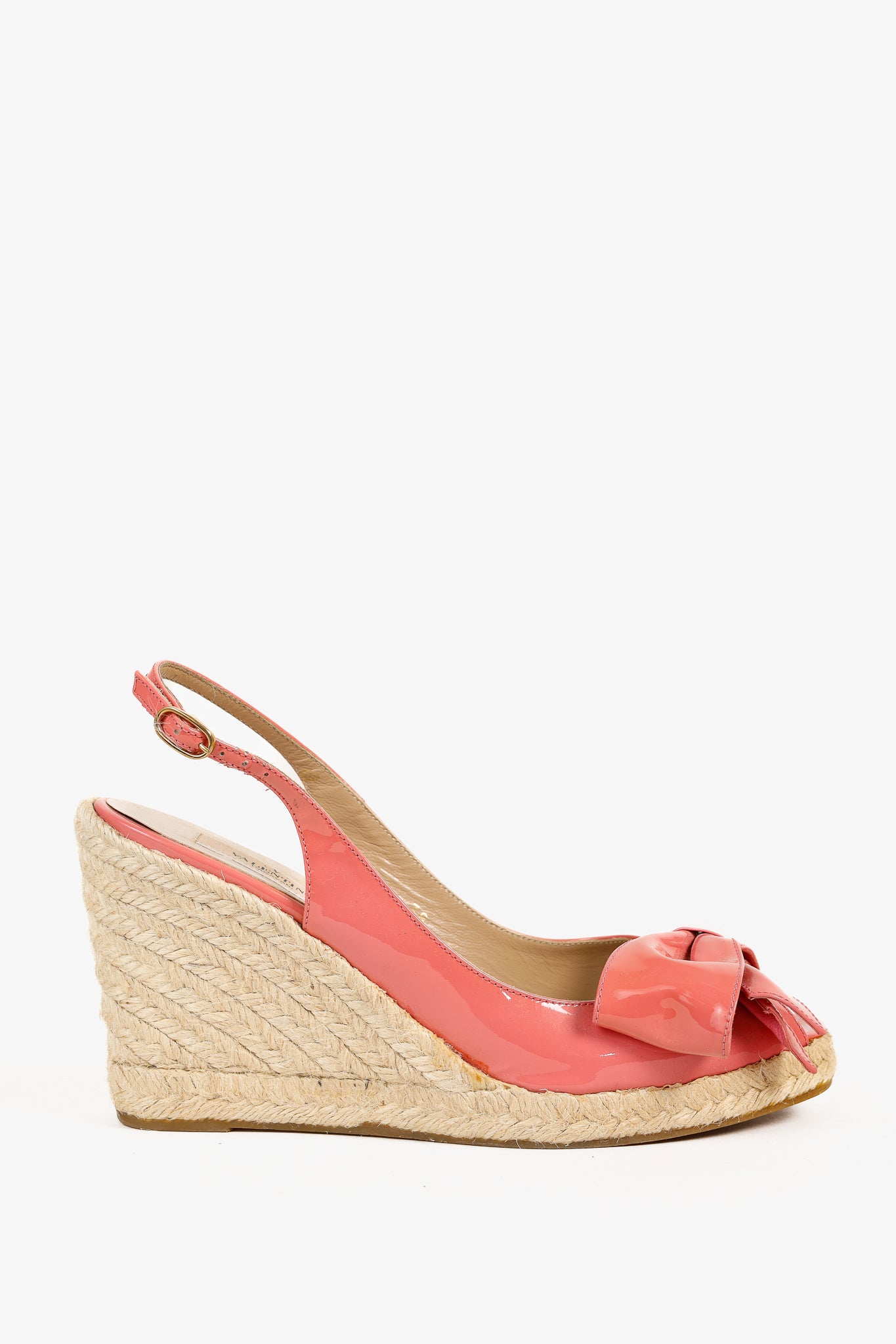 Valentino Garavani Pink Patent Leather Bow Slingback Espadrille Wedges