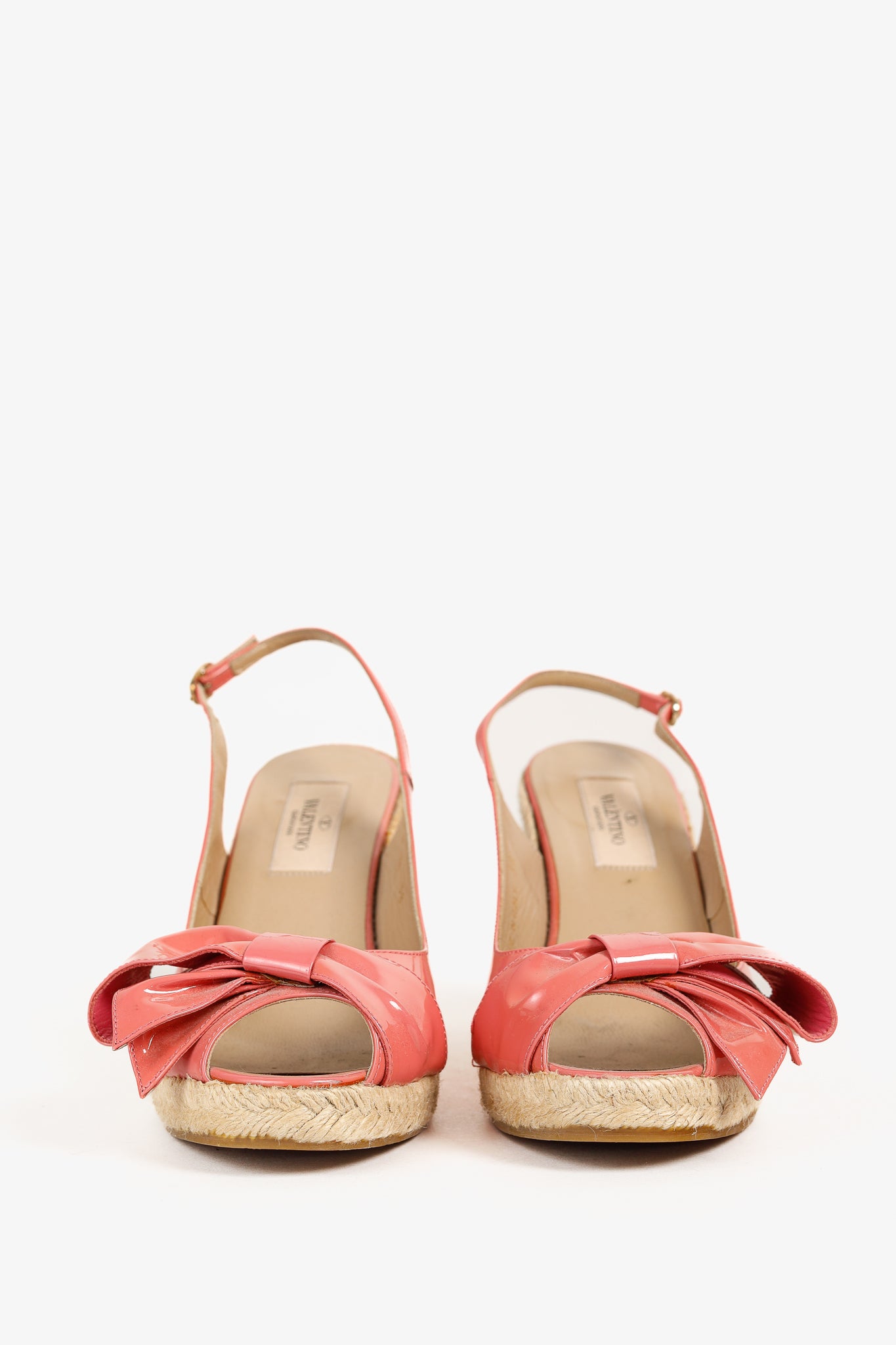Valentino Garavani Pink Patent Leather Bow Slingback Espadrille Wedges