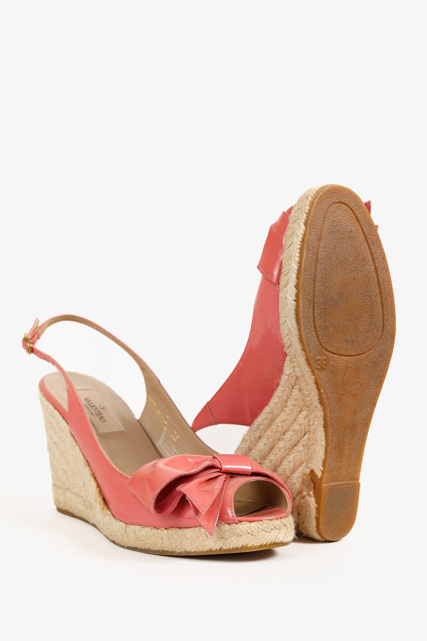 Valentino Garavani Pink Patent Leather Bow Slingback Espadrille Wedges