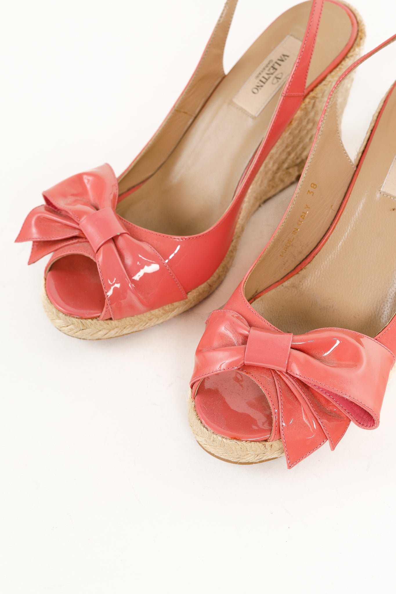Valentino Garavani Pink Patent Leather Bow Slingback Espadrille Wedges