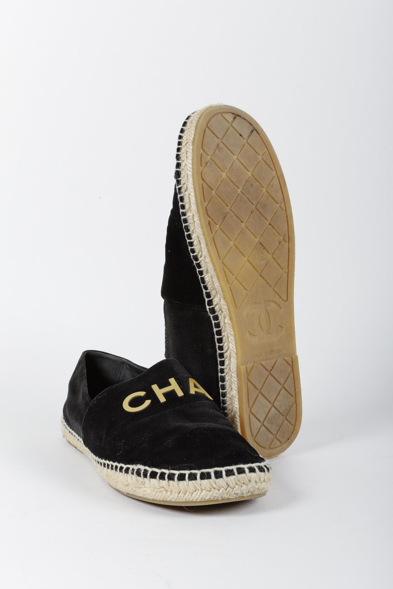 Chanel Black Velvet Logo Espadrilles