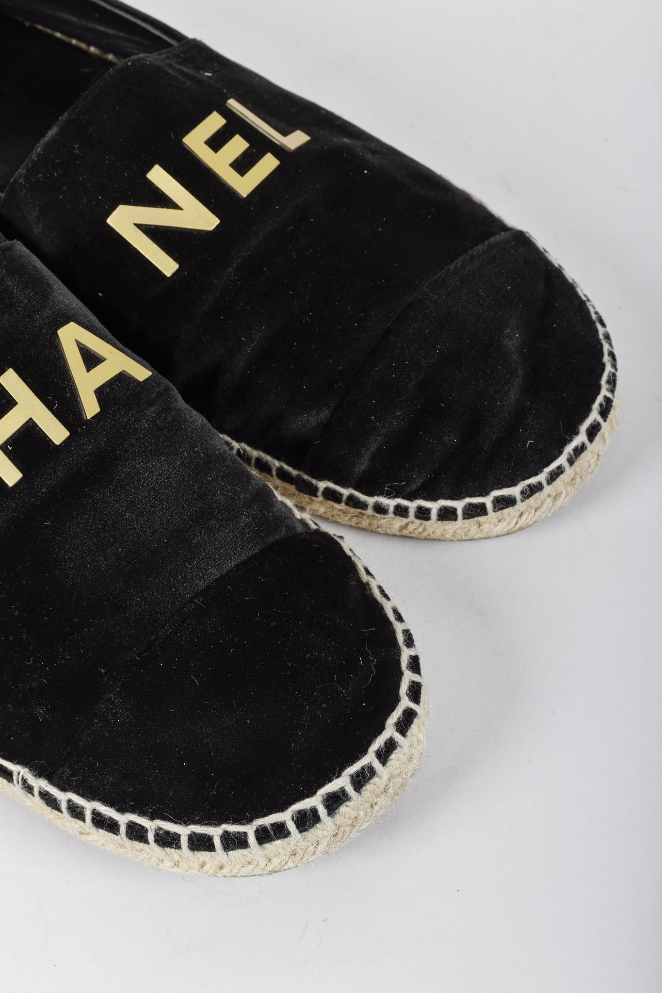 Chanel Black Velvet Logo Espadrilles