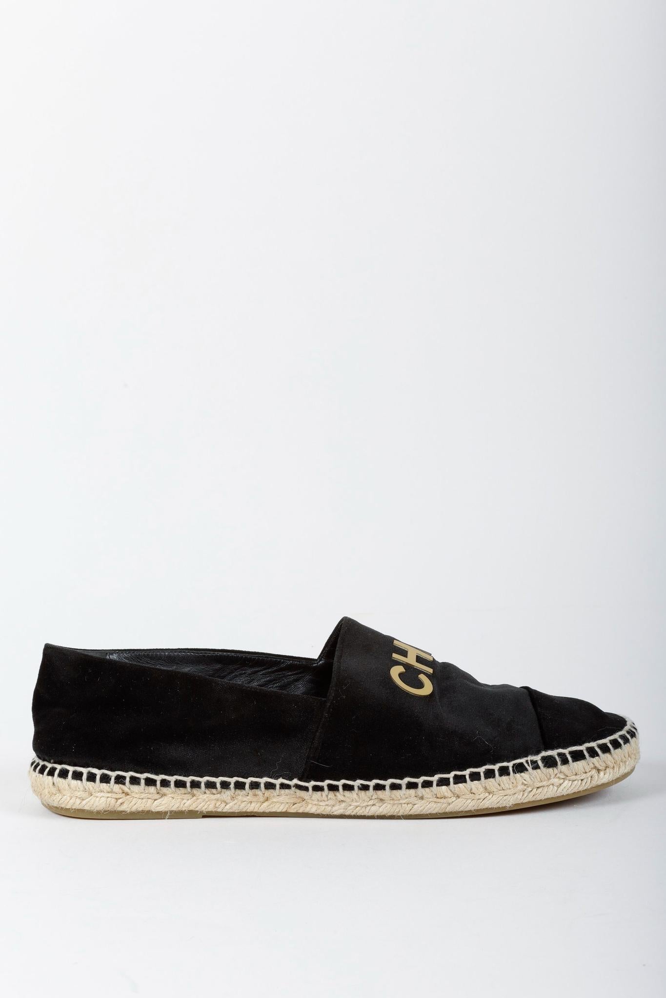 Chanel Black Velvet Logo Espadrilles
