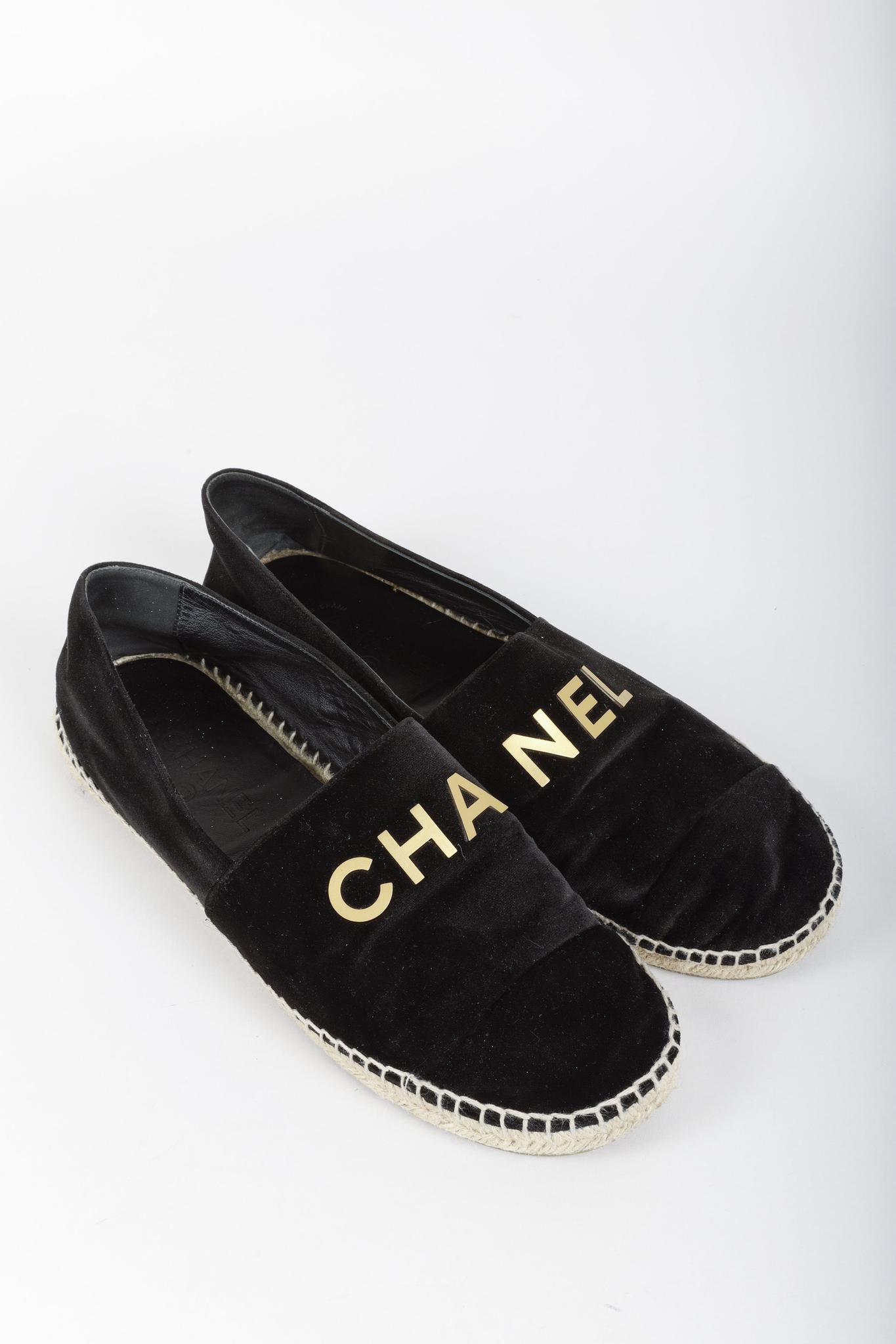 Chanel Black Velvet Logo Espadrilles