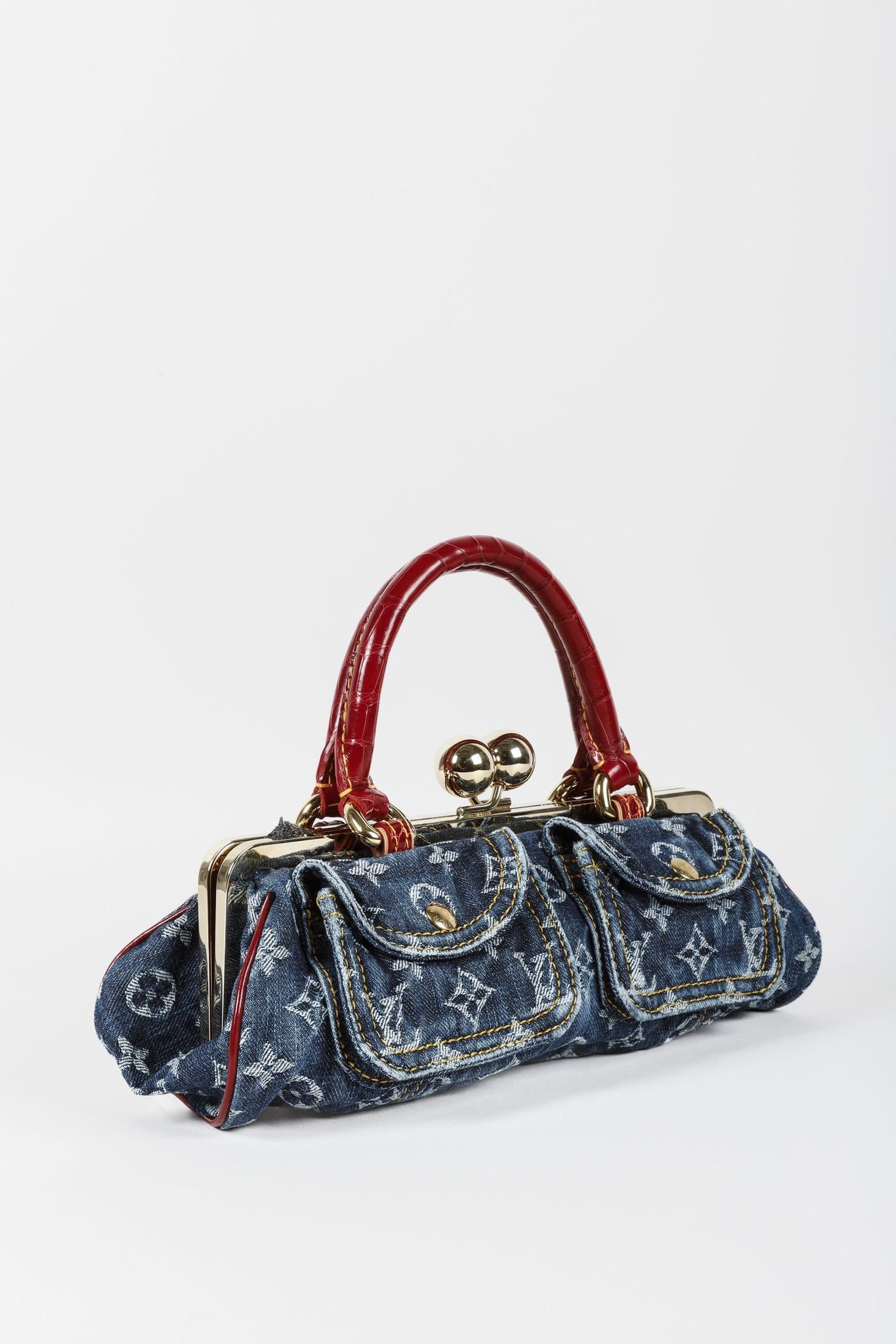 Louis Vuitton Monogram Denim Red Alligator Sac Fermoir GM