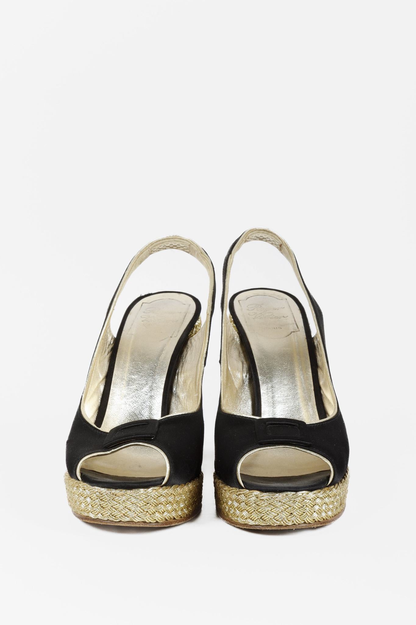 Roger Vivier Black Satin Peep Toe Slingback Wedges
