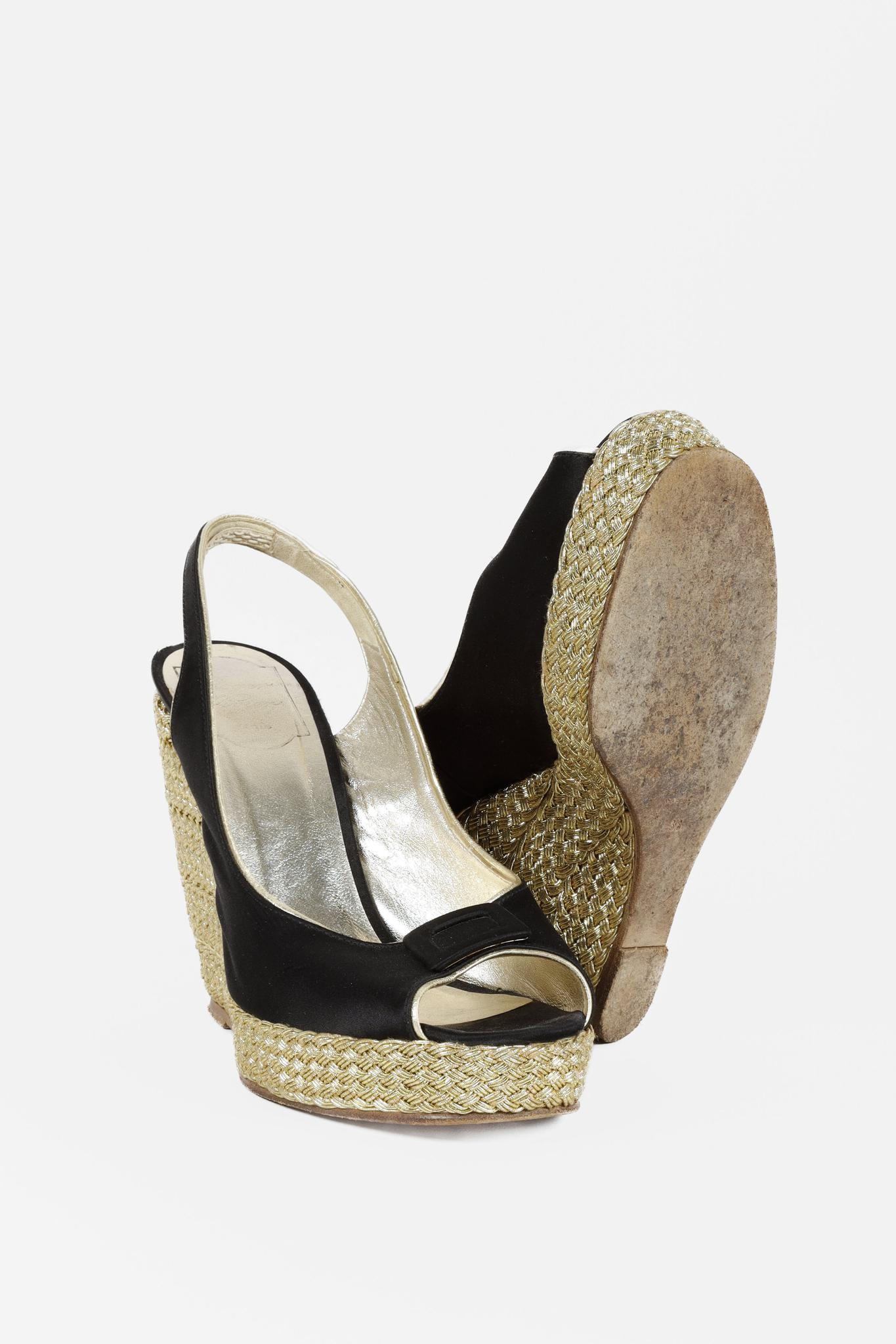 Roger Vivier Black Satin Peep Toe Slingback Wedges