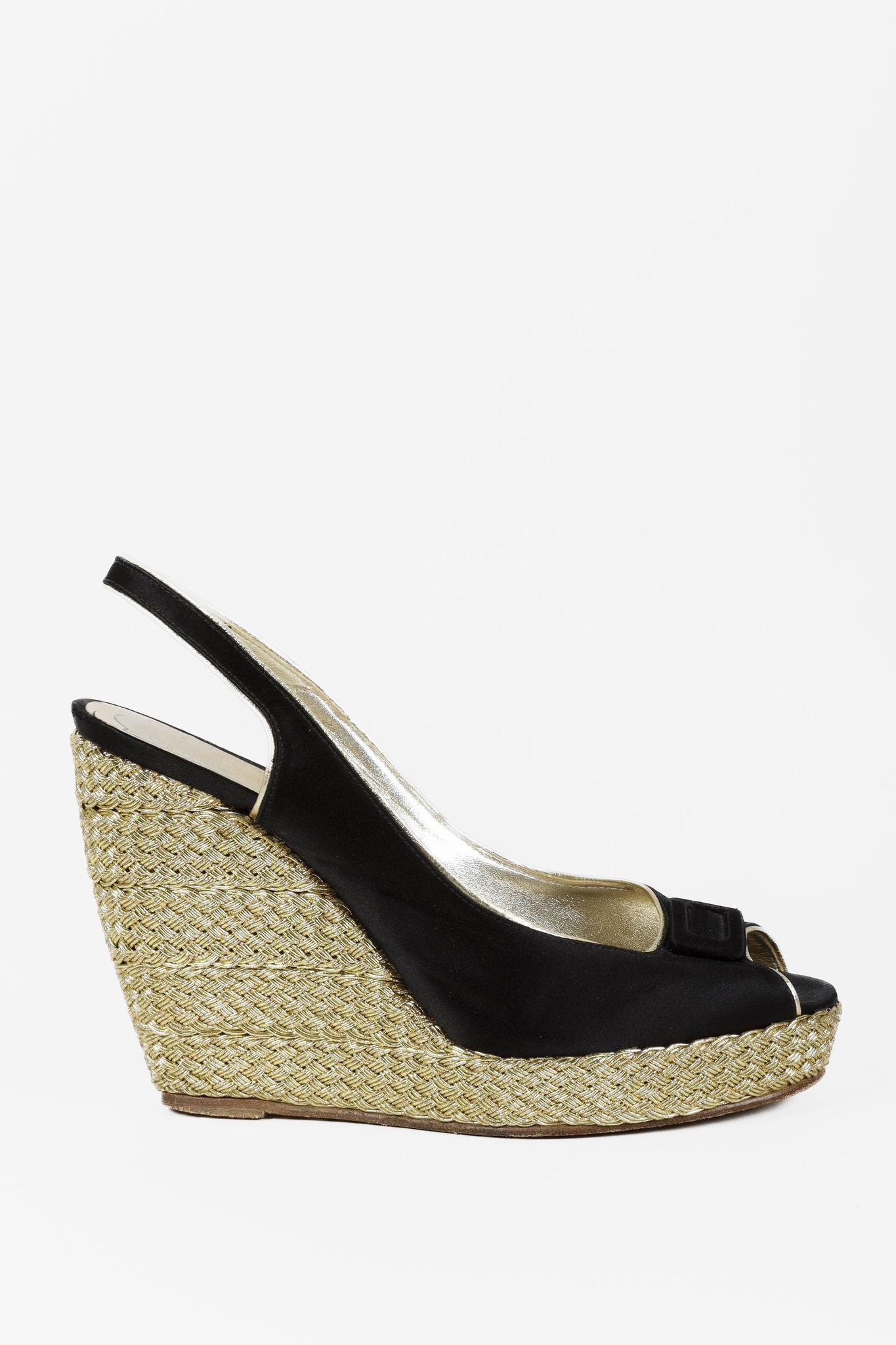 Roger Vivier Black Satin Peep Toe Slingback Wedges