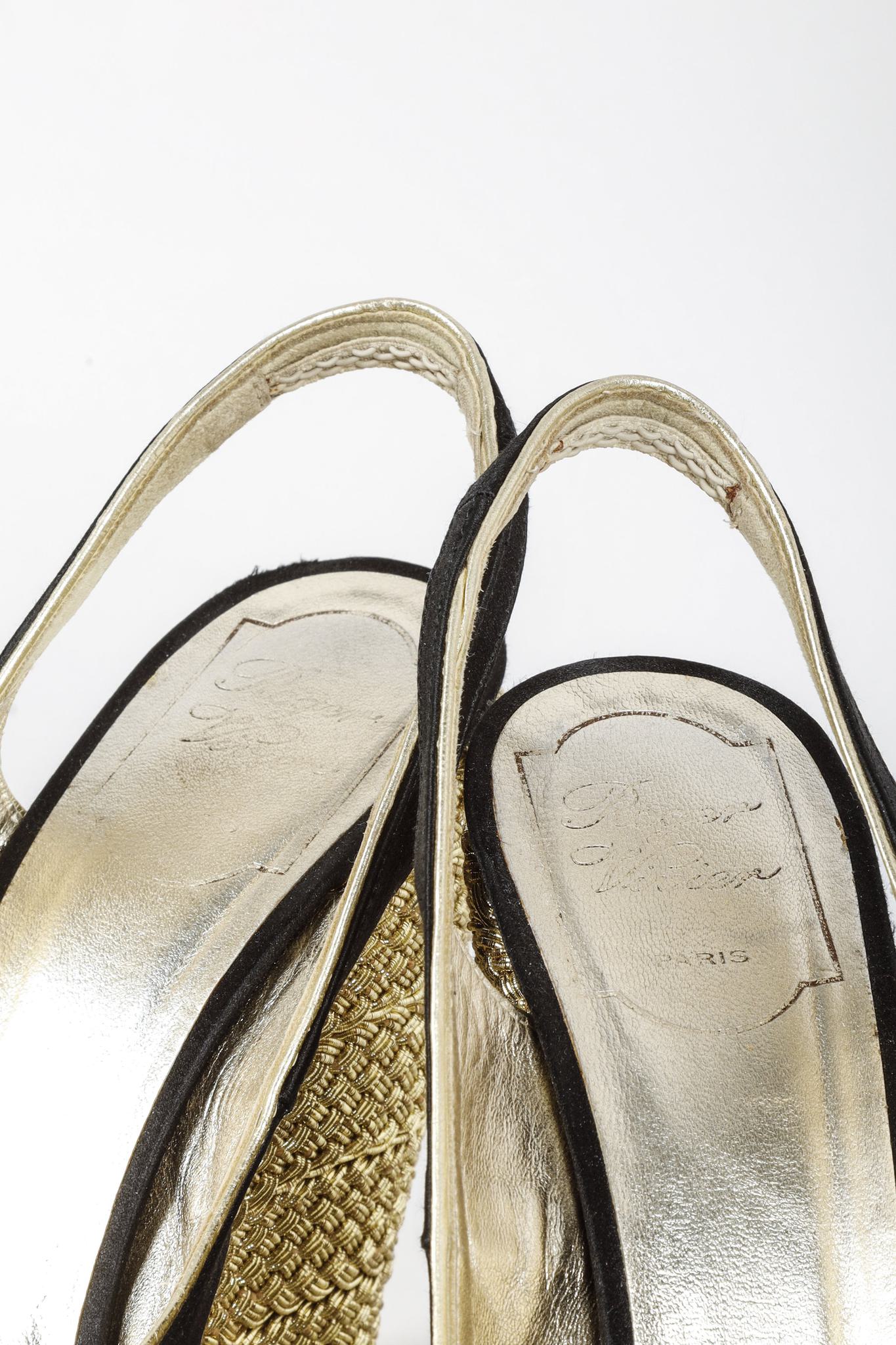 Roger Vivier Black Satin Peep Toe Slingback Wedges